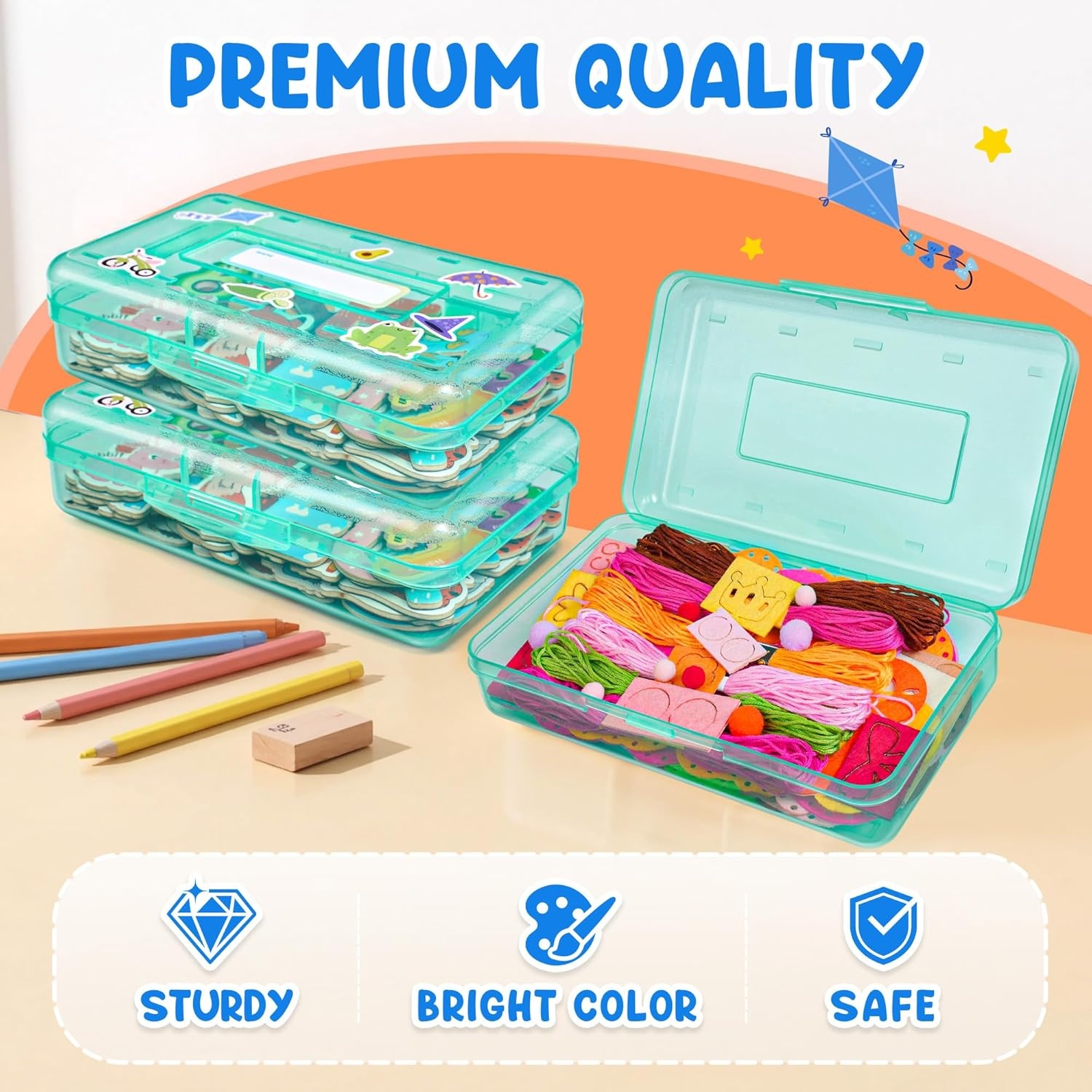 GAMENOTE Plastic Pencil Box with Personalized Sticker,Kid Hard Pencil Case with Snap-tight Lid,Small Art Craft Storage Containers,School Supplies Box for Boys,Girls (Purple)(Turquoise)