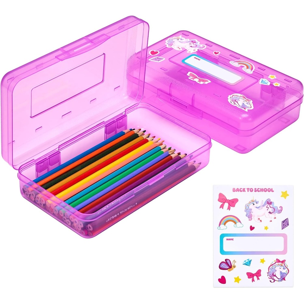 GAMENOTE Plastic Pencil Box with Personalized Sticker,Kid Hard Pencil Case with Snap-tight Lid,Small Art Craft Storage Containers,School Supplies Box for Boys,Girls (Purple)(Purple)