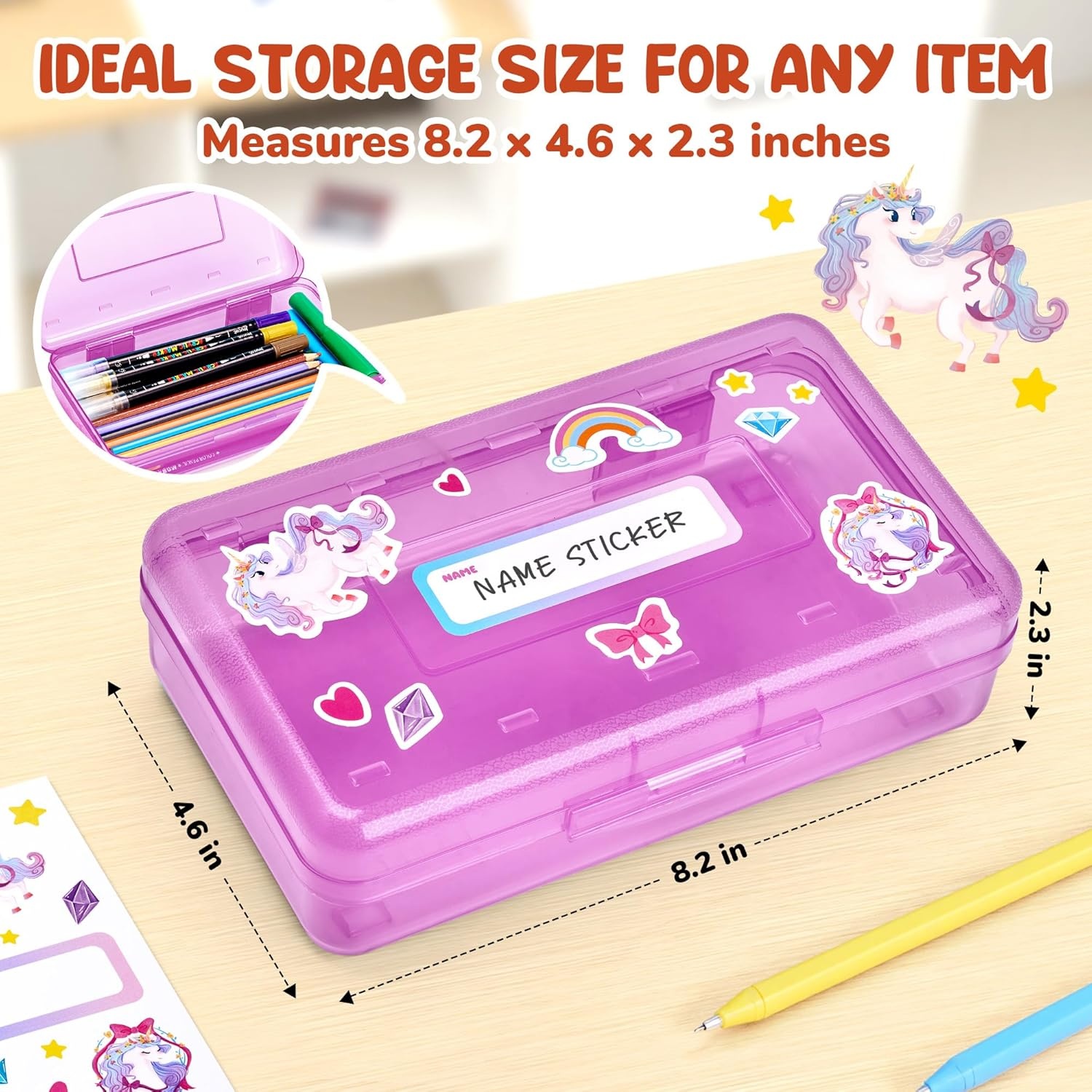 GAMENOTE Plastic Pencil Box with Personalized Sticker,Kid Hard Pencil Case with Snap-tight Lid,Small Art Craft Storage Containers,School Supplies Box for Boys,Girls (Purple)(Purple)