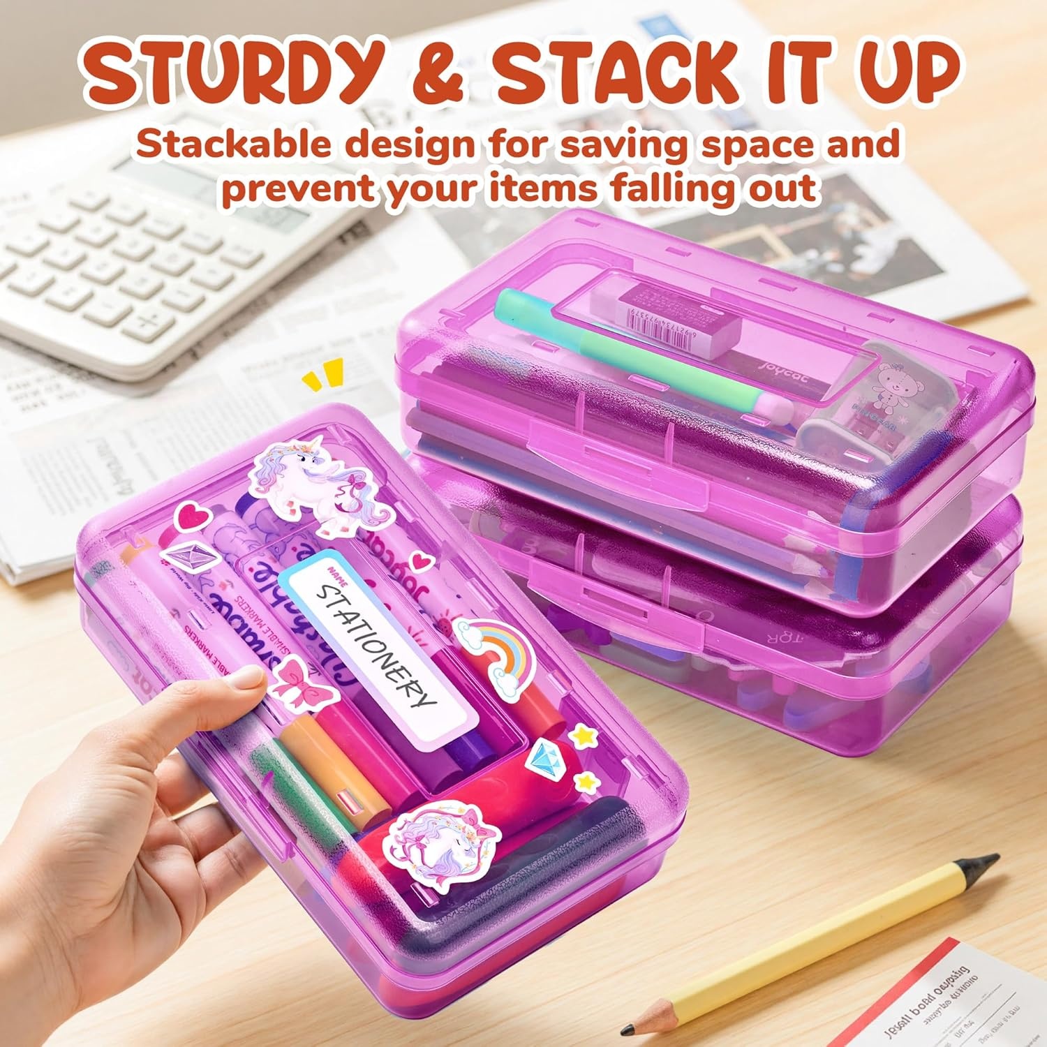 GAMENOTE Plastic Pencil Box with Personalized Sticker,Kid Hard Pencil Case with Snap-tight Lid,Small Art Craft Storage Containers,School Supplies Box for Boys,Girls (Purple)(Purple)