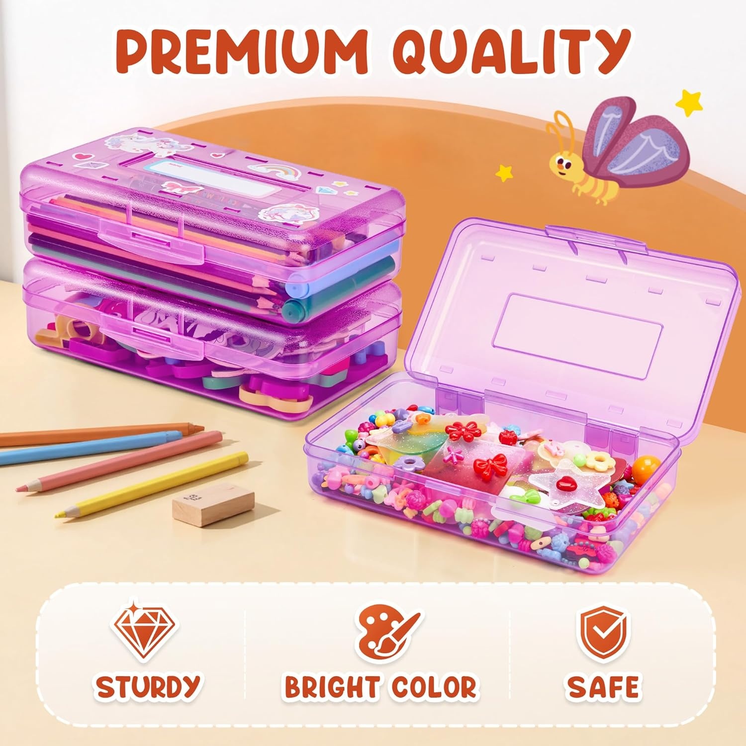 GAMENOTE Plastic Pencil Box with Personalized Sticker,Kid Hard Pencil Case with Snap-tight Lid,Small Art Craft Storage Containers,School Supplies Box for Boys,Girls (Purple)(Purple)