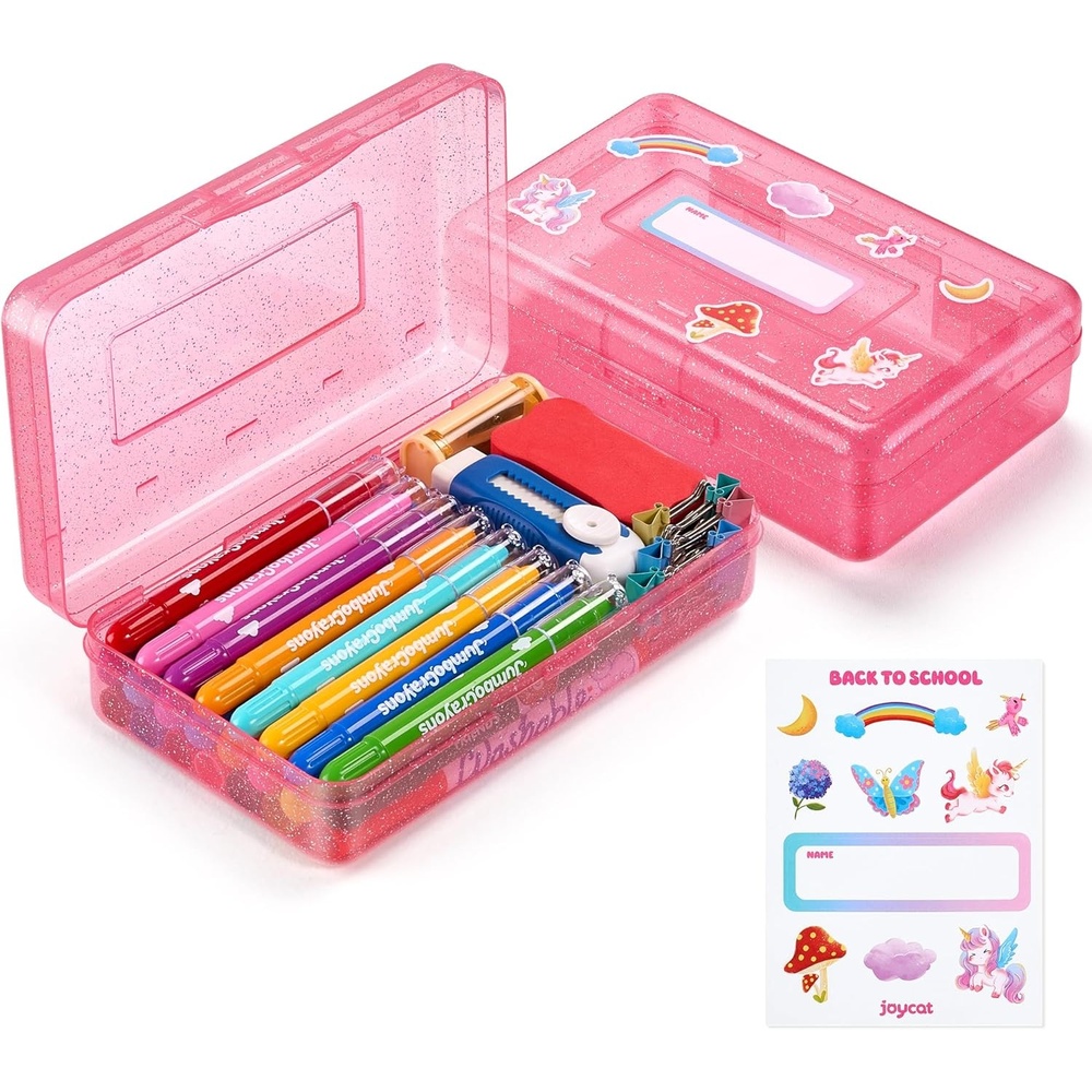 GAMENOTE Plastic Pencil Box with Personalized Sticker,Kid Hard Pencil Case with Snap-tight Lid,Small Art Craft Storage Containers,School Supplies Box for Boys,Girls (Purple)(Glitter Pink)