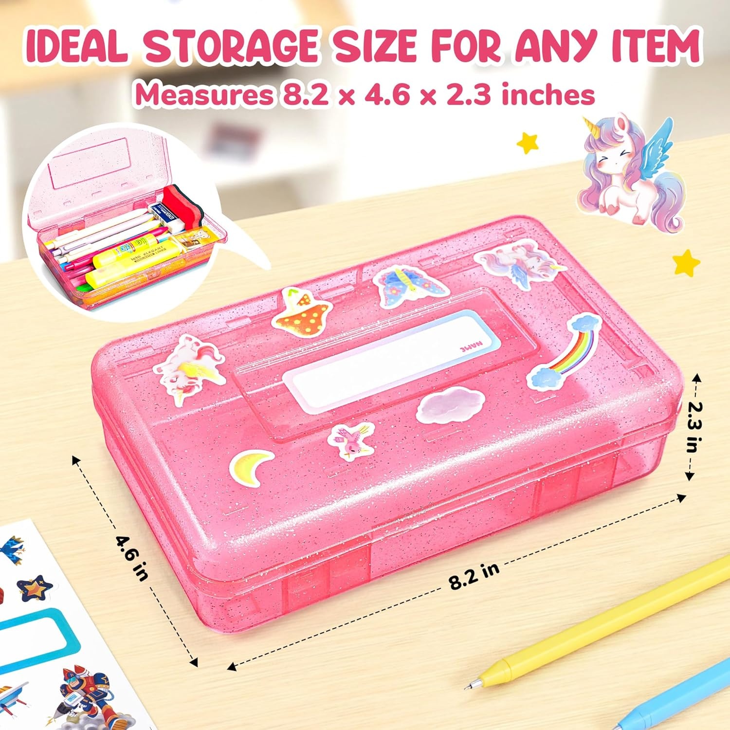 GAMENOTE Plastic Pencil Box with Personalized Sticker,Kid Hard Pencil Case with Snap-tight Lid,Small Art Craft Storage Containers,School Supplies Box for Boys,Girls (Purple)(Glitter Pink)