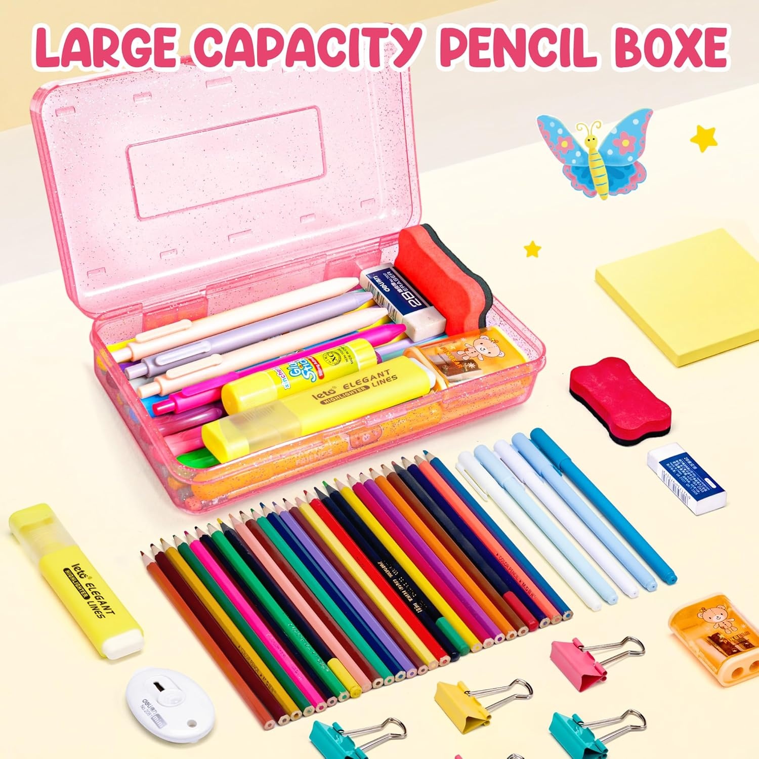 GAMENOTE Plastic Pencil Box with Personalized Sticker,Kid Hard Pencil Case with Snap-tight Lid,Small Art Craft Storage Containers,School Supplies Box for Boys,Girls (Purple)(Glitter Pink)