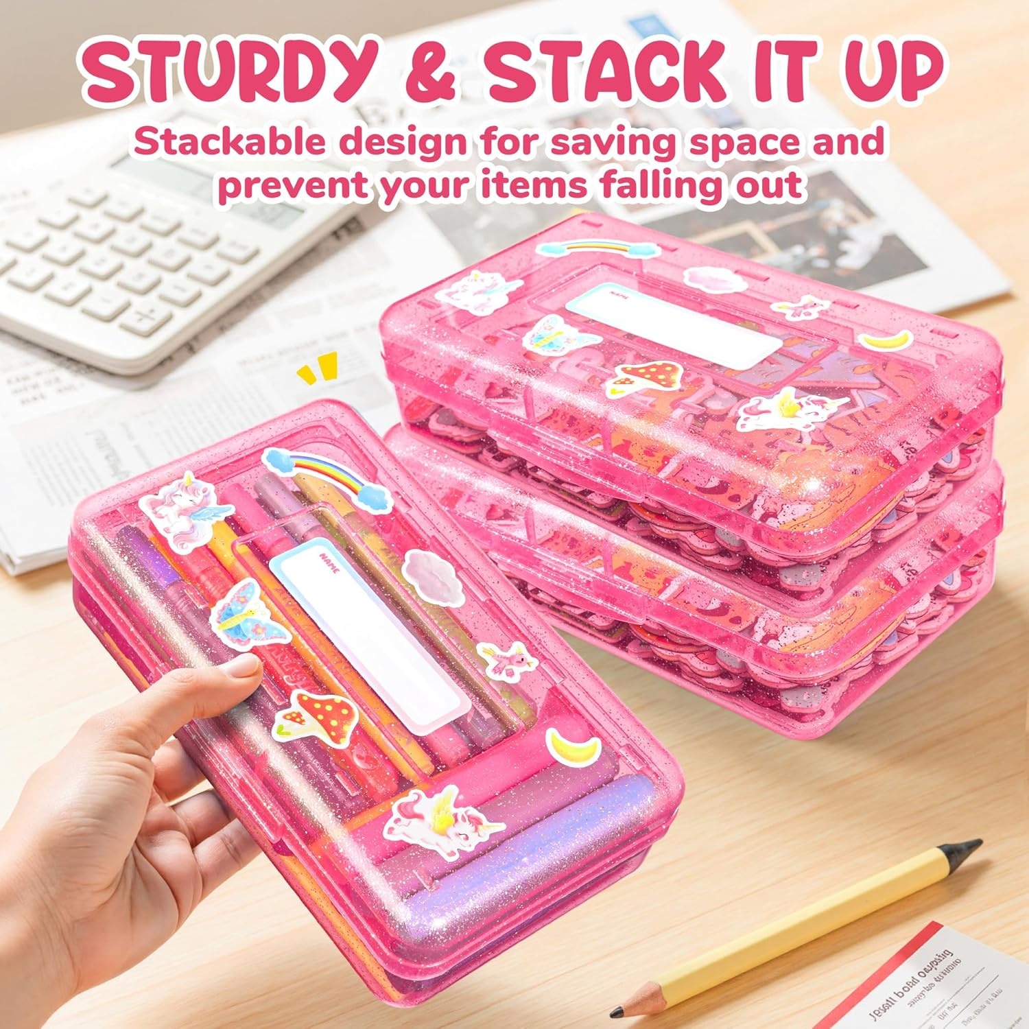 GAMENOTE Plastic Pencil Box with Personalized Sticker,Kid Hard Pencil Case with Snap-tight Lid,Small Art Craft Storage Containers,School Supplies Box for Boys,Girls (Purple)(Glitter Pink)