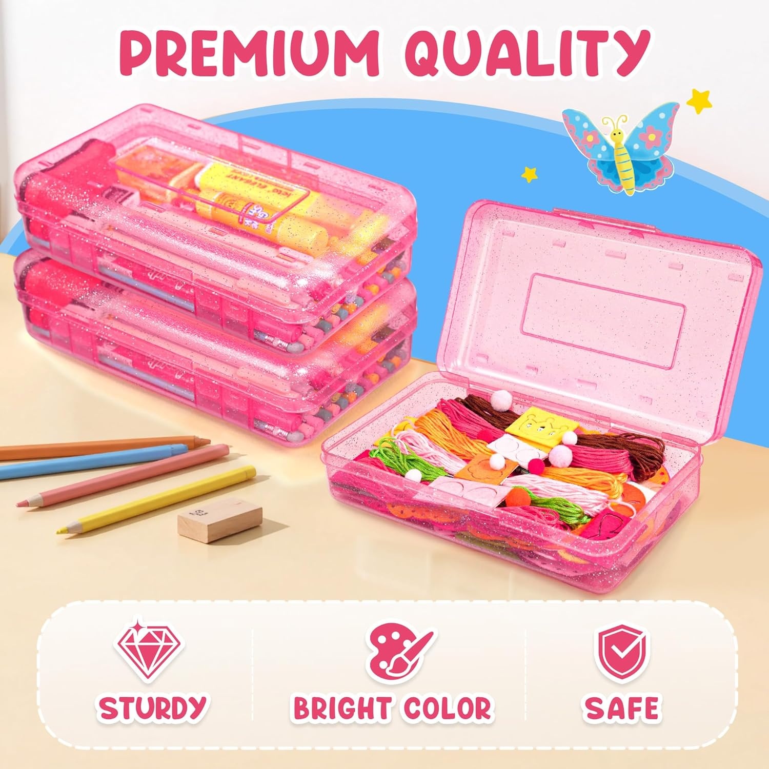 GAMENOTE Plastic Pencil Box with Personalized Sticker,Kid Hard Pencil Case with Snap-tight Lid,Small Art Craft Storage Containers,School Supplies Box for Boys,Girls (Purple)(Glitter Pink)