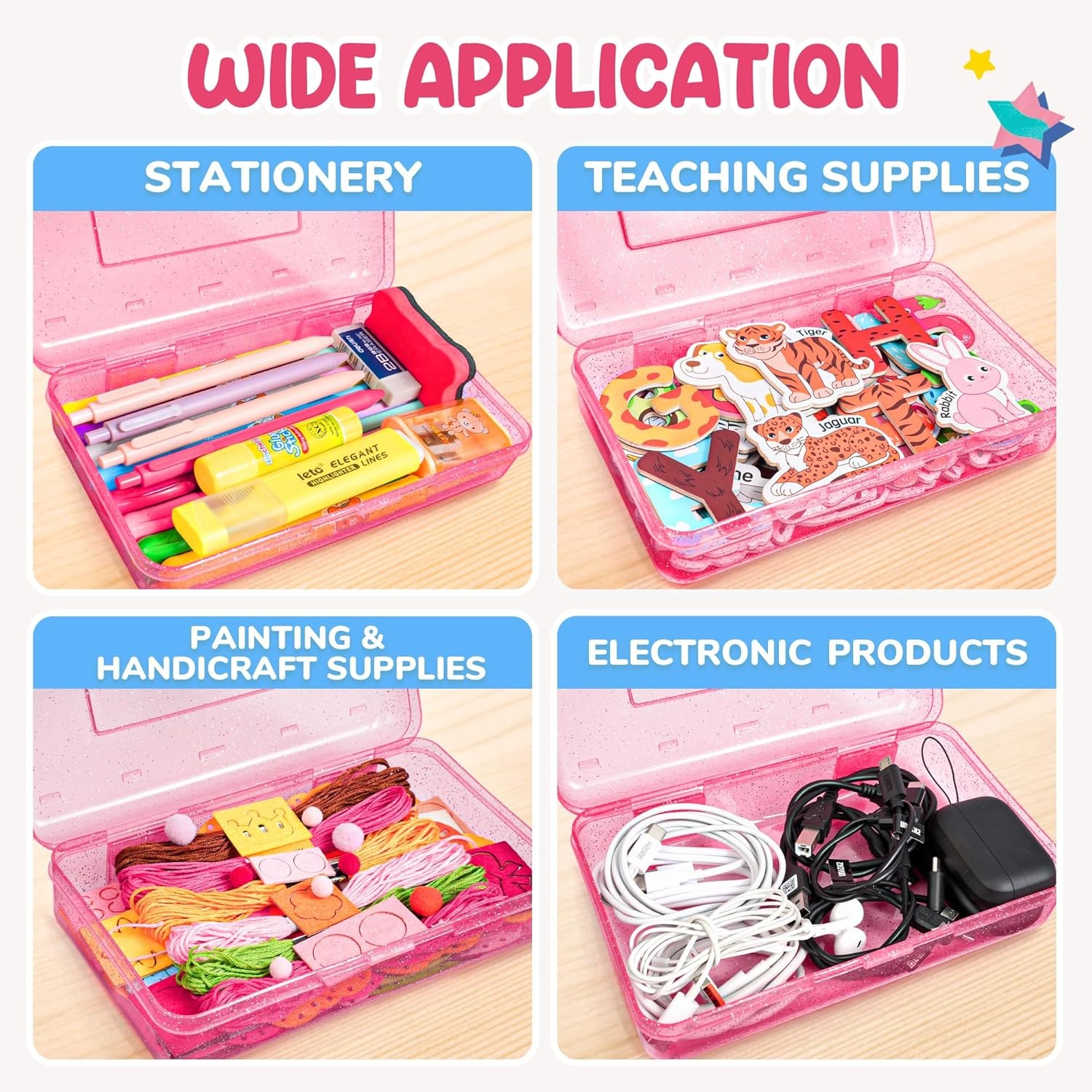 GAMENOTE Plastic Pencil Box with Personalized Sticker,Kid Hard Pencil Case with Snap-tight Lid,Small Art Craft Storage Containers,School Supplies Box for Boys,Girls (Purple)(Glitter Pink)
