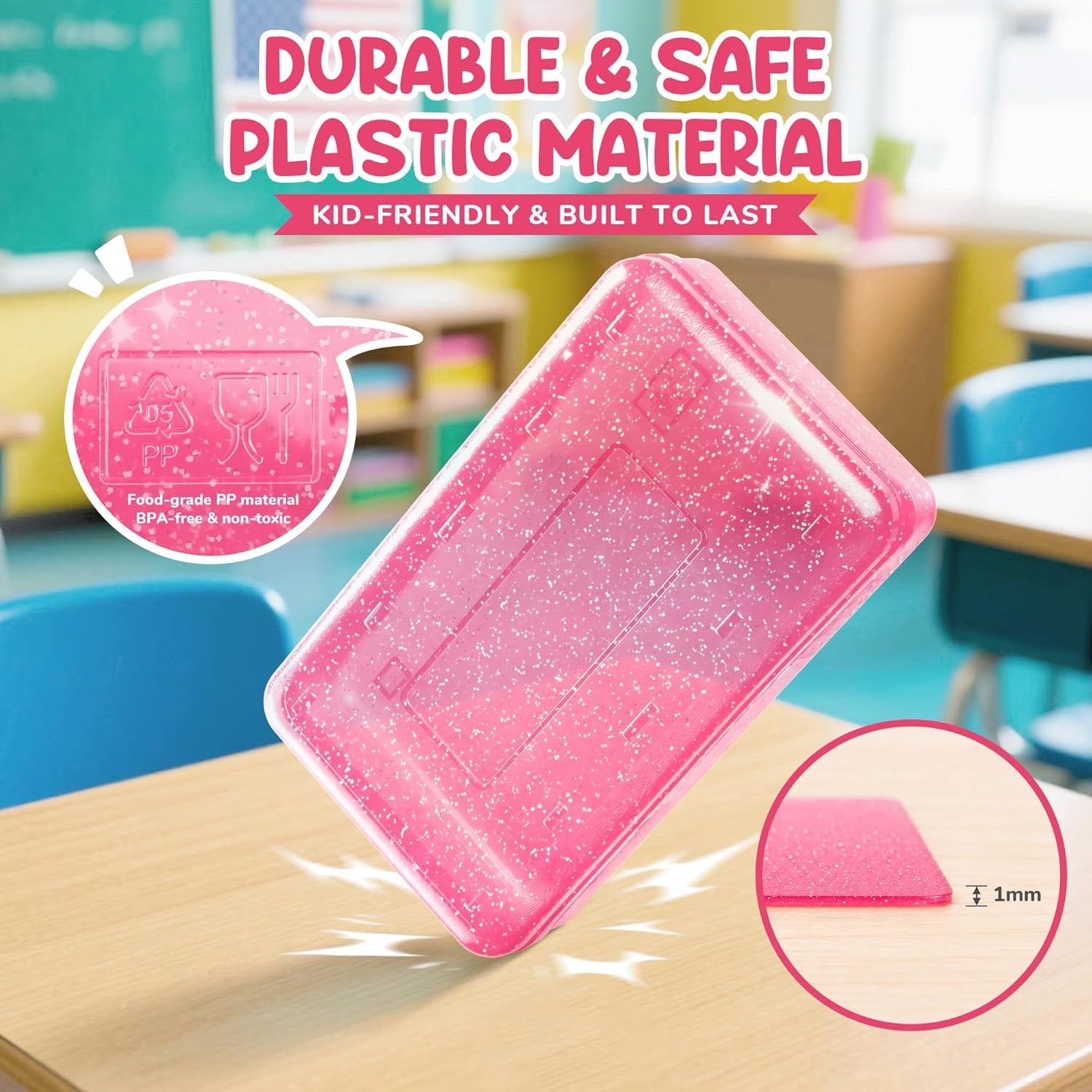 GAMENOTE Plastic Pencil Box with Personalized Sticker,Kid Hard Pencil Case with Snap-tight Lid,Small Art Craft Storage Containers,School Supplies Box for Boys,Girls (Purple)(Glitter Pink)