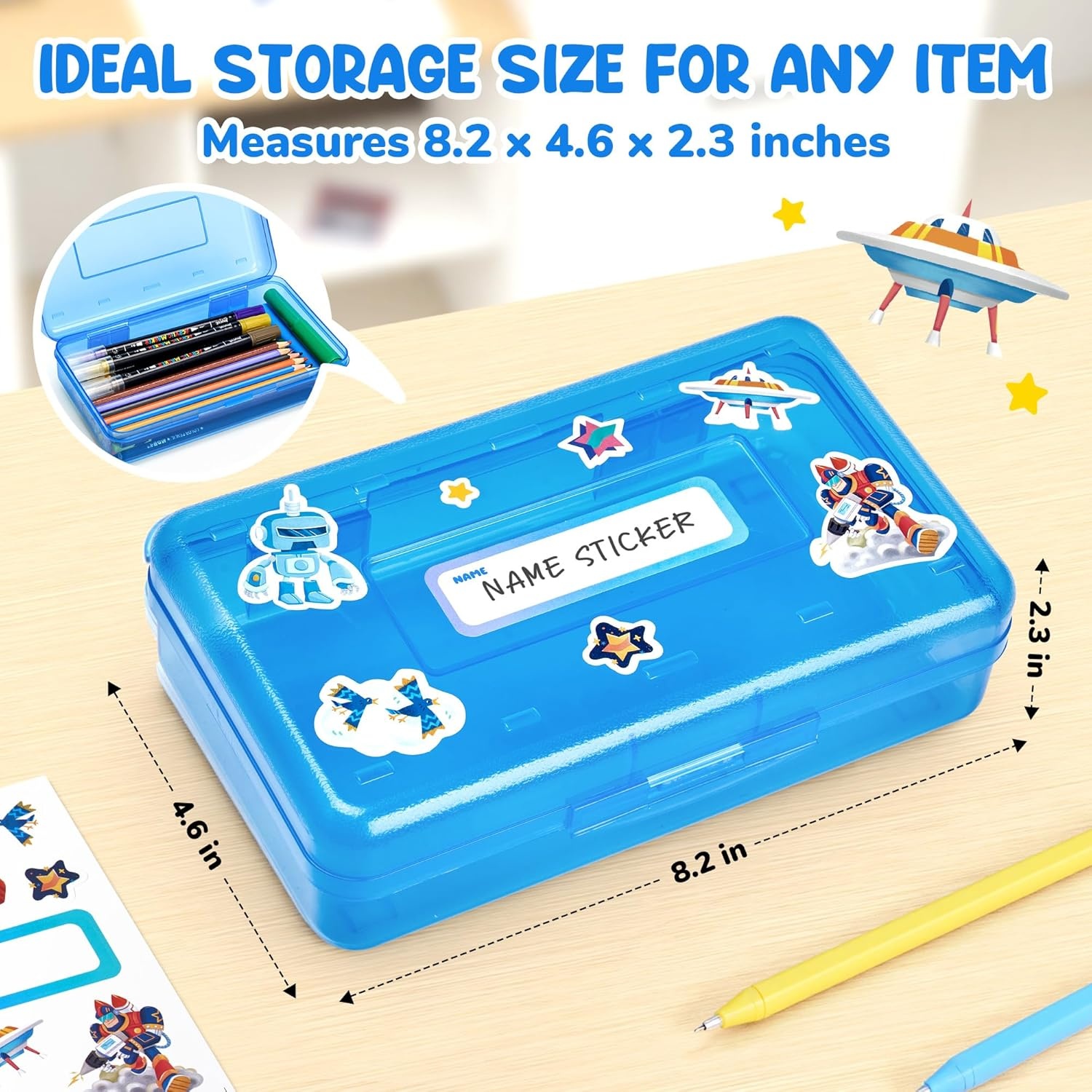 GAMENOTE Plastic Pencil Box with Personalized Sticker,Kid Hard Pencil Case with Snap-tight Lid,Small Art Craft Storage Containers,School Supplies Box for Boys,Girls (Purple)(Blue)