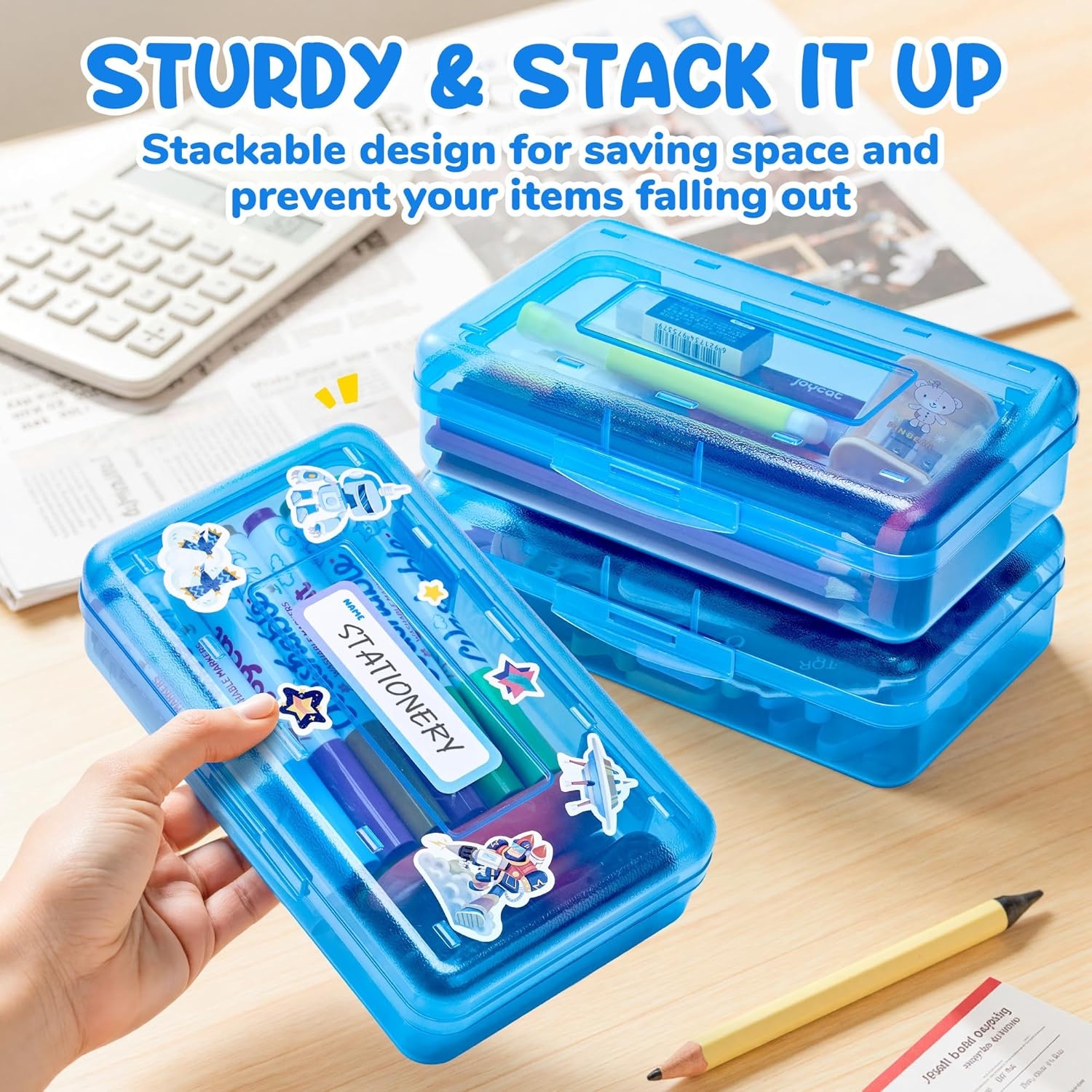 GAMENOTE Plastic Pencil Box with Personalized Sticker,Kid Hard Pencil Case with Snap-tight Lid,Small Art Craft Storage Containers,School Supplies Box for Boys,Girls (Purple)(Blue)