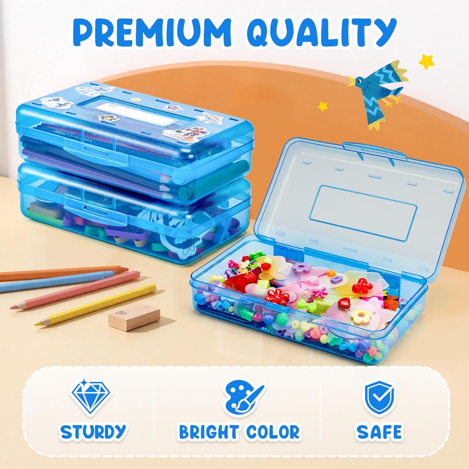 GAMENOTE Plastic Pencil Box with Personalized Sticker,Kid Hard Pencil Case with Snap-tight Lid,Small Art Craft Storage Containers,School Supplies Box for Boys,Girls (Purple)(Blue)