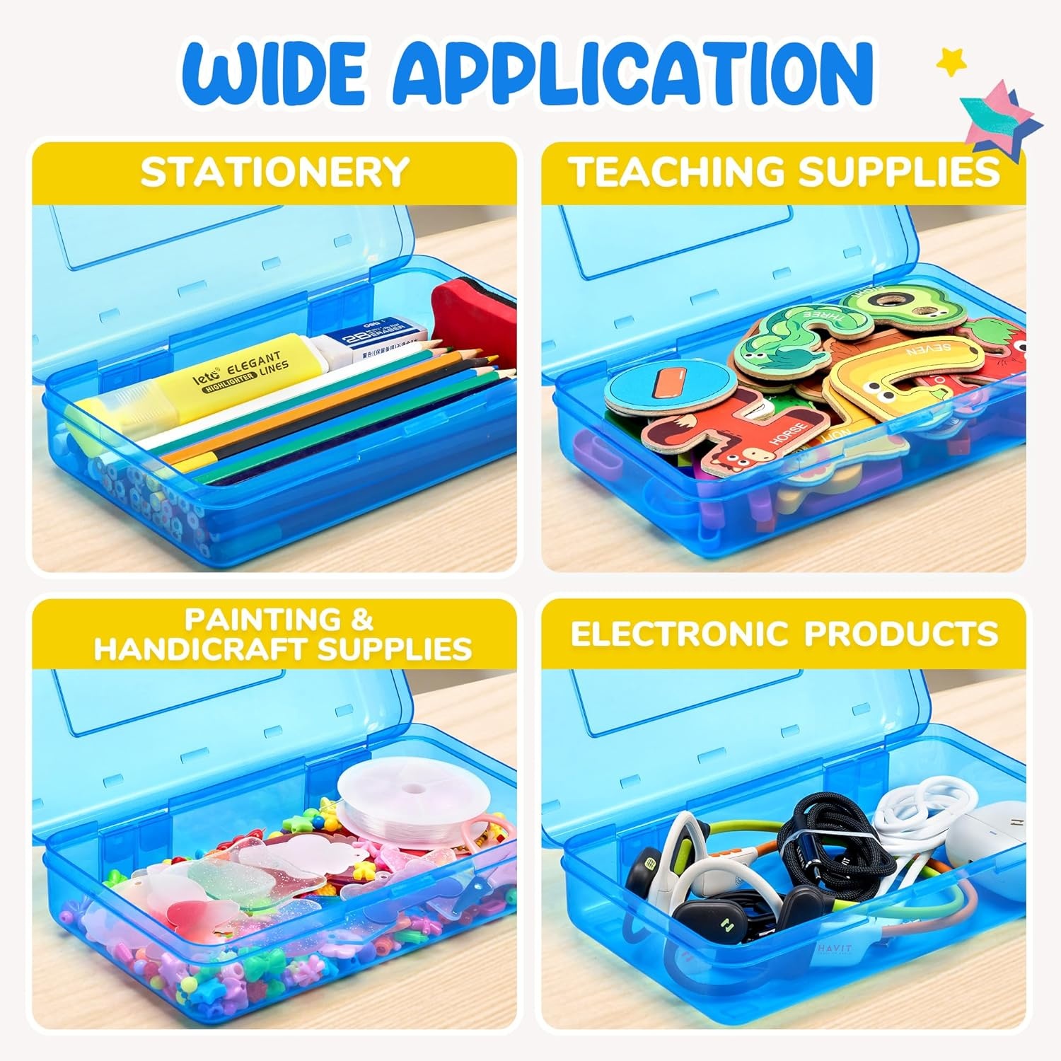 GAMENOTE Plastic Pencil Box with Personalized Sticker,Kid Hard Pencil Case with Snap-tight Lid,Small Art Craft Storage Containers,School Supplies Box for Boys,Girls (Purple)(Blue)