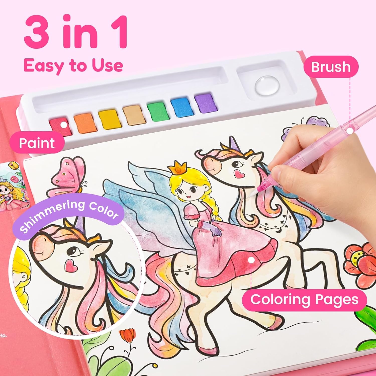 JoyCat Paint with Water Coloring Books for Toddlers (Princess)(Watermelon pink)