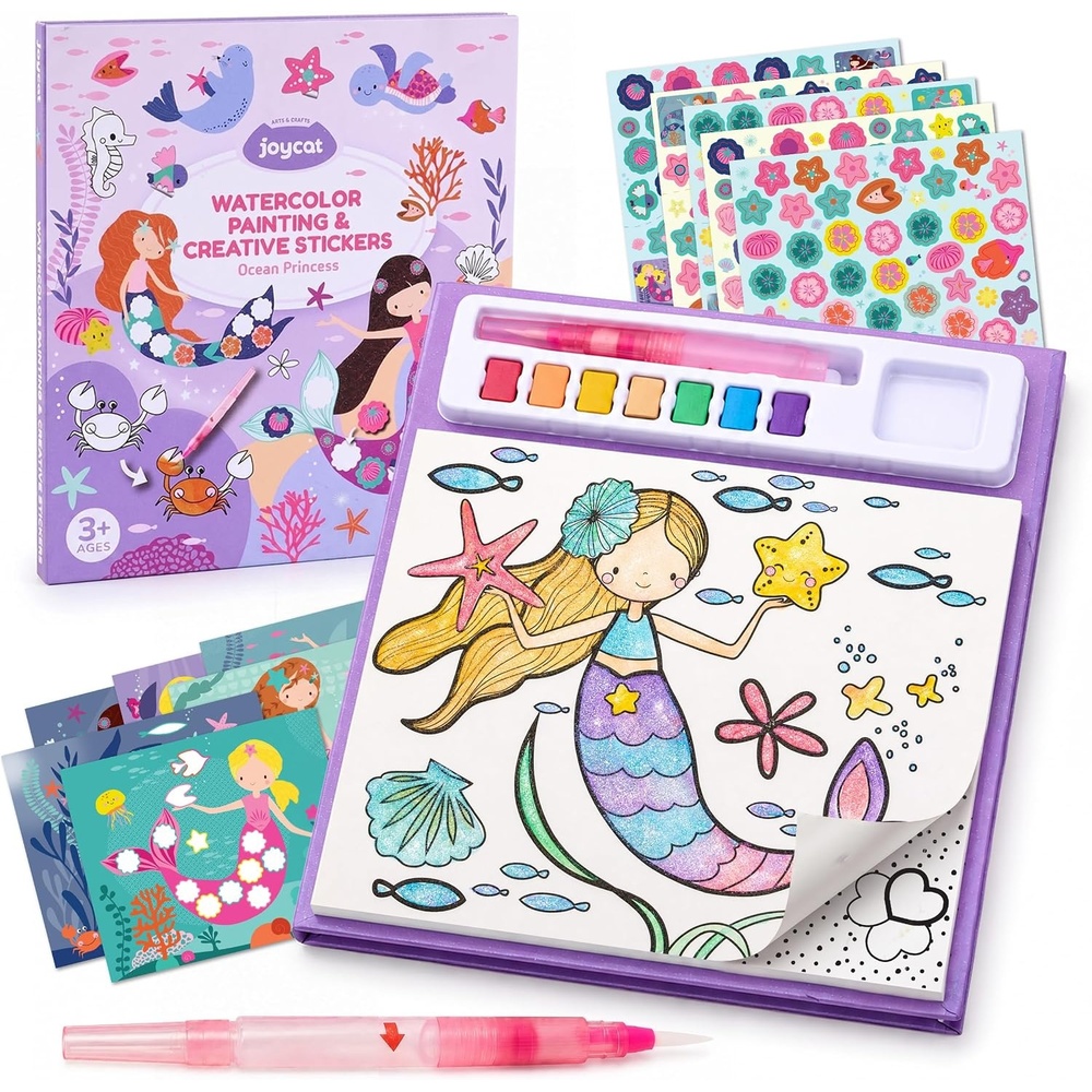 JoyCat Paint with Water Coloring Books & Creative Sticker (Animals) | Watercolor & Sticker Activity – 200 Pcs Stickers for Kids, Toddler Painting Set, Art & Craft Travel Toy Gifts for Boys Girls(Ocean Princess)