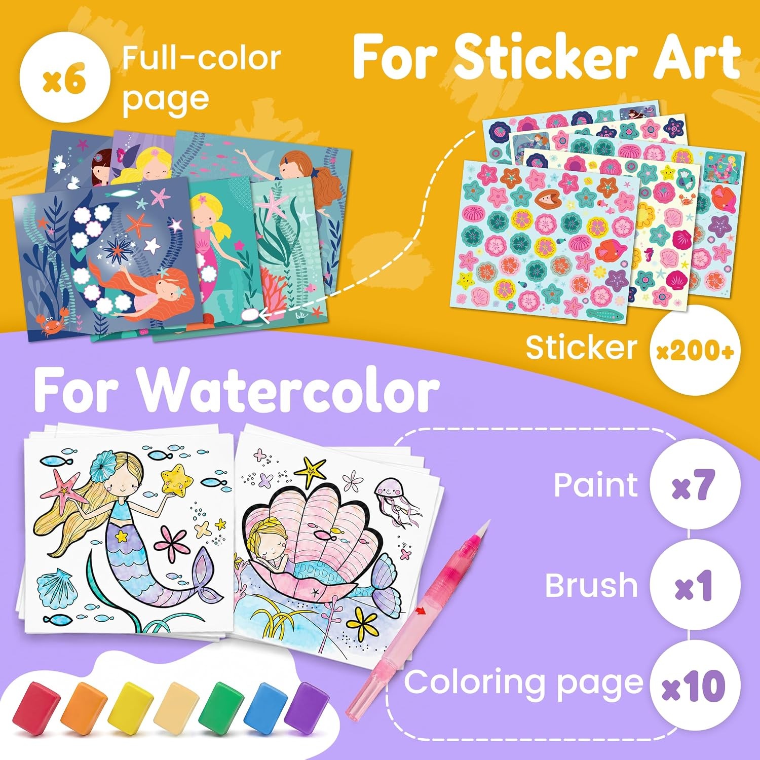 JoyCat Paint with Water Coloring Books & Creative Sticker (Animals) | Watercolor & Sticker Activity – 200 Pcs Stickers for Kids, Toddler Painting Set, Art & Craft Travel Toy Gifts for Boys Girls(Ocean Princess)