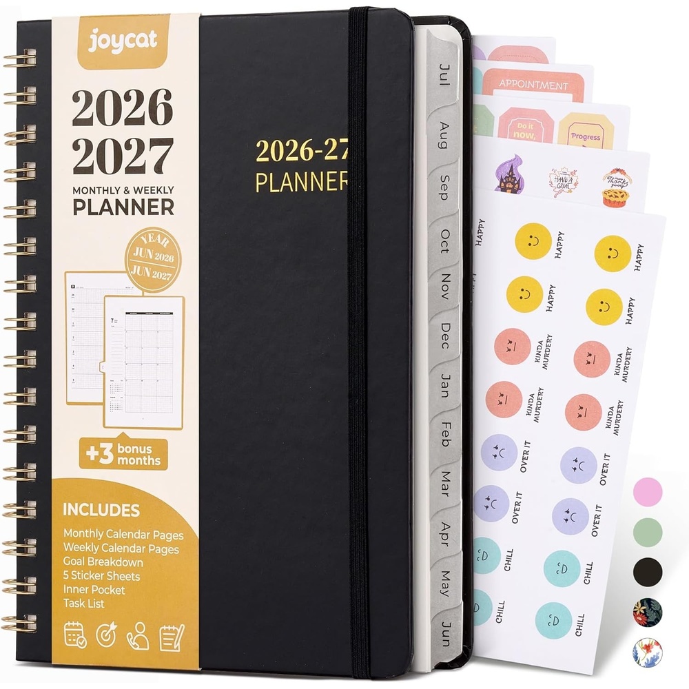 JoyCat 12-Month Academic Planner 2026-2027, July 2026 – June 2027, A5 Weekly & Monthly Planner, Hardcover Agenda with Tabs, 5 Sticker Sheets, Elastic Closure & Pocket for Teachers & Students, 6.3″ x 8.5″, Midnight Garden(Black)
