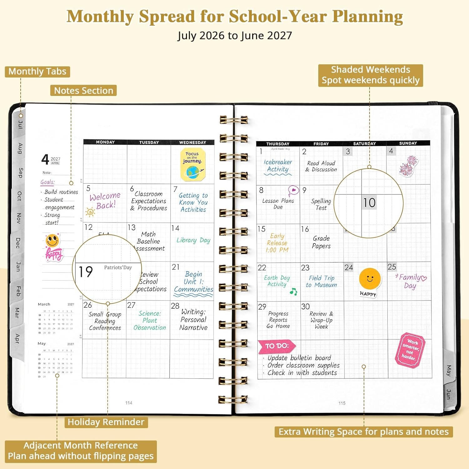 JoyCat 12-Month Academic Planner 2026-2027, July 2026 – June 2027, A5 Weekly & Monthly Planner, Hardcover Agenda with Tabs, 5 Sticker Sheets, Elastic Closure & Pocket for Teachers & Students, 6.3″ x 8.5″, Midnight Garden(Black)