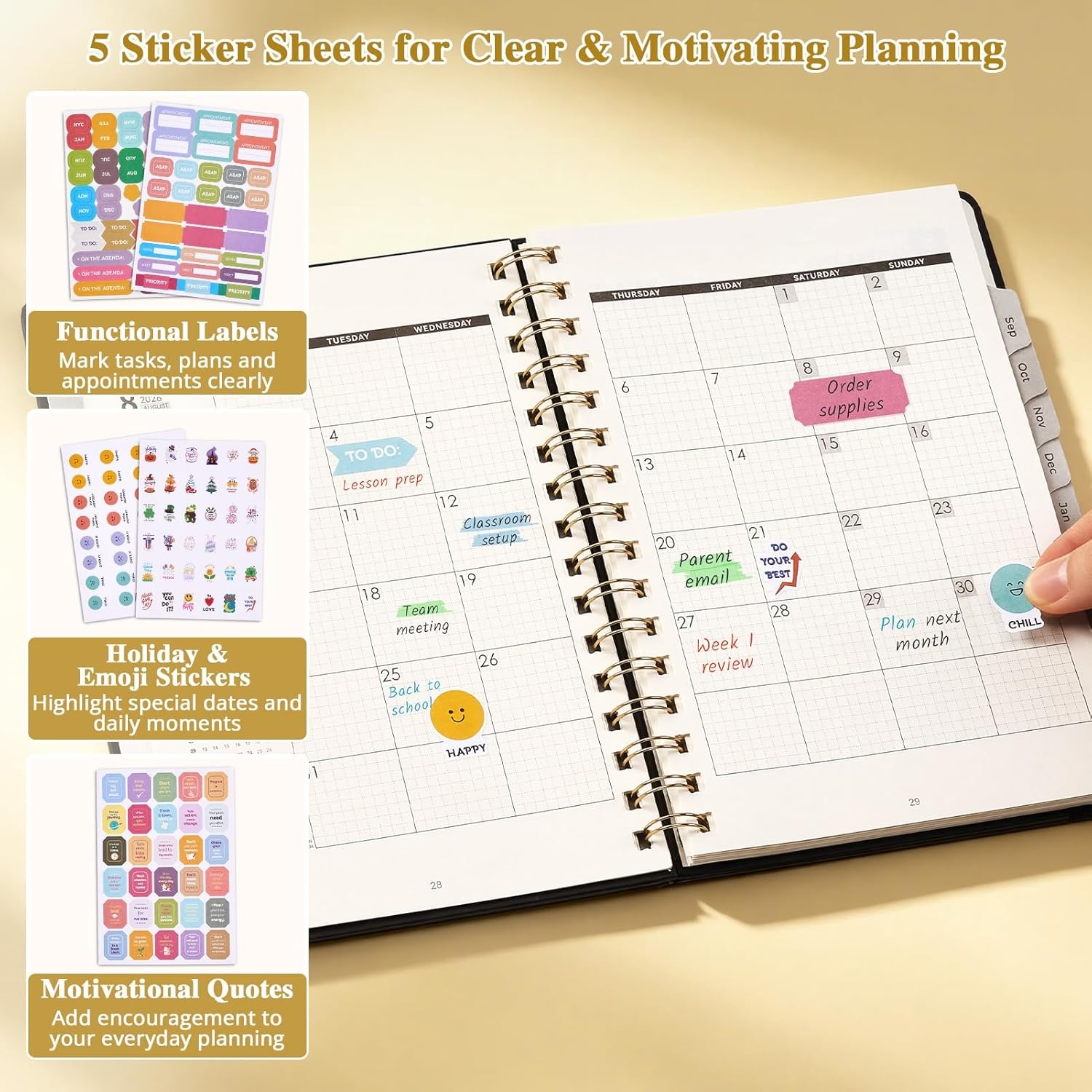 JoyCat 12-Month Academic Planner 2026-2027, July 2026 – June 2027, A5 Weekly & Monthly Planner, Hardcover Agenda with Tabs, 5 Sticker Sheets, Elastic Closure & Pocket for Teachers & Students, 6.3″ x 8.5″, Midnight Garden(Black)