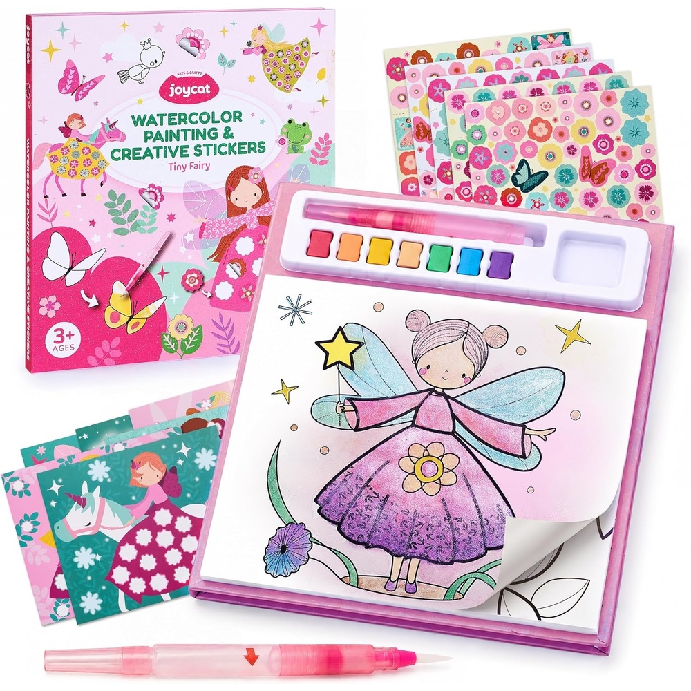 JoyCat Paint with Water Coloring Books & Creative Sticker (Animals) | Watercolor & Sticker Activity – 200 Pcs Stickers for Kids, Toddler Painting Set, Art & Craft Travel Toy Gifts for Boys Girls(Tiny Fairy)