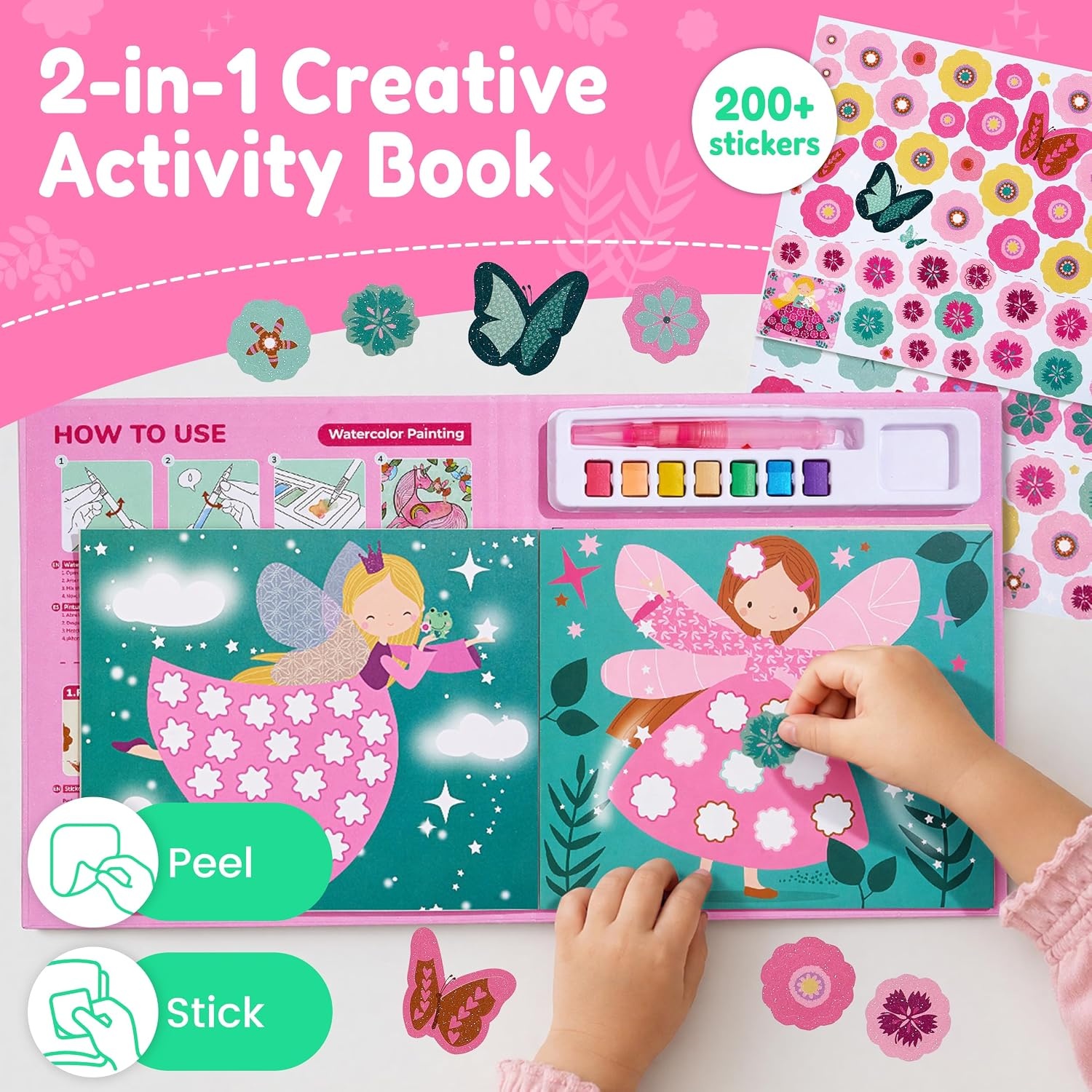 JoyCat Paint with Water Coloring Books & Creative Sticker (Animals) | Watercolor & Sticker Activity – 200 Pcs Stickers for Kids, Toddler Painting Set, Art & Craft Travel Toy Gifts for Boys Girls(Tiny Fairy)