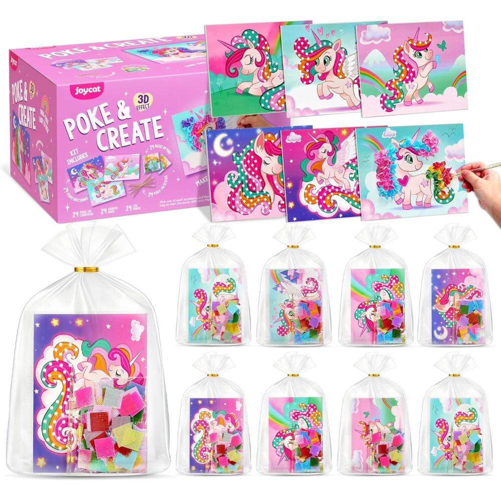 JoyCat 24 Pack Unicorn Party Favors for Girls, Mess-Free Craft Kits for Kids Ages 4-9, DIY Poke Art Activity Set for Birthday Goodie Bags, Classroom Prizes and Group Fun