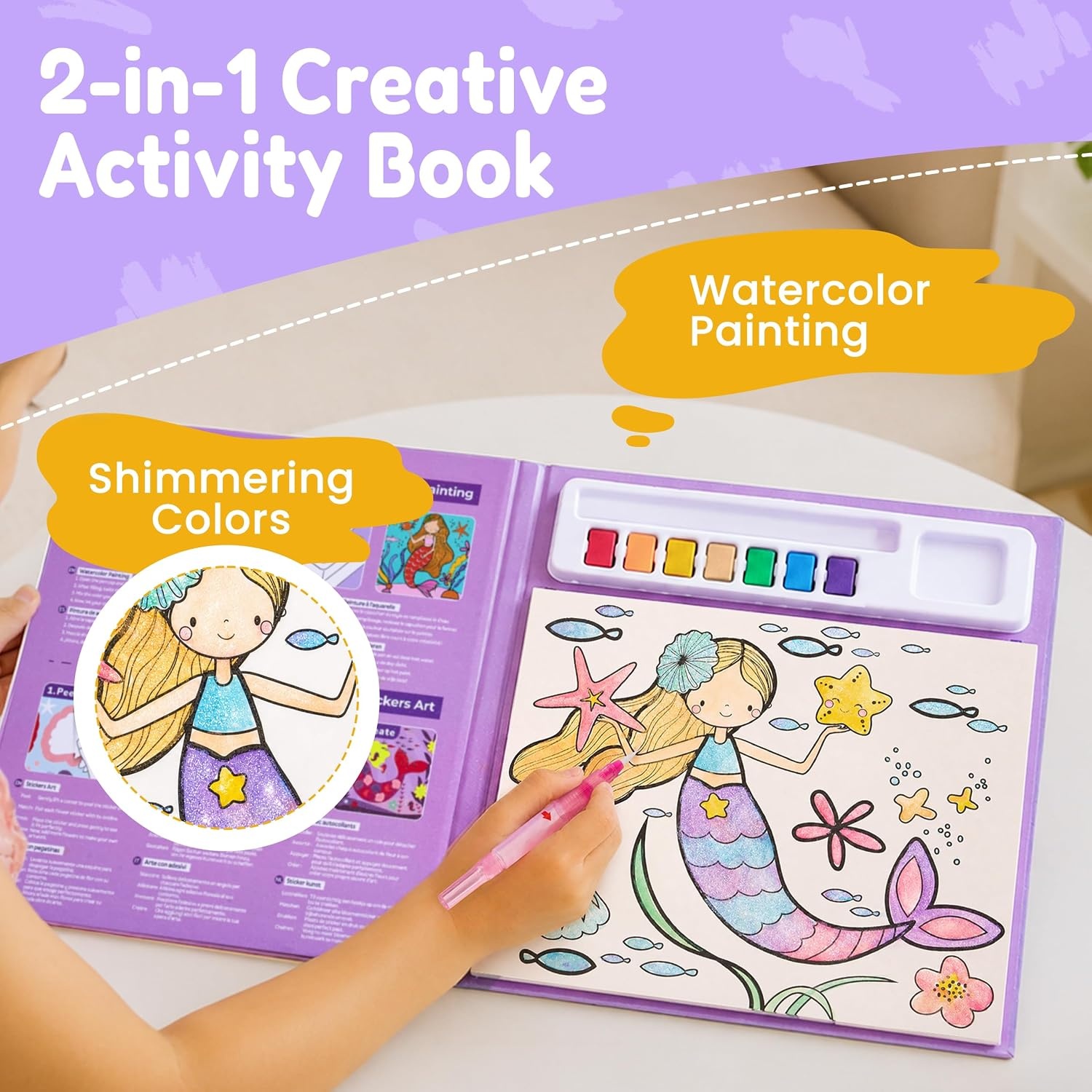 JoyCat Paint with Water Coloring Books & Creative Sticker(Ocean Princess) | Watercolor & Sticker Activity – 200 Pcs Stickers for Kids, Toddler Painting Set, Art & Craft Travel Toy Gifts for Boys Girls(Ocean Princess)
