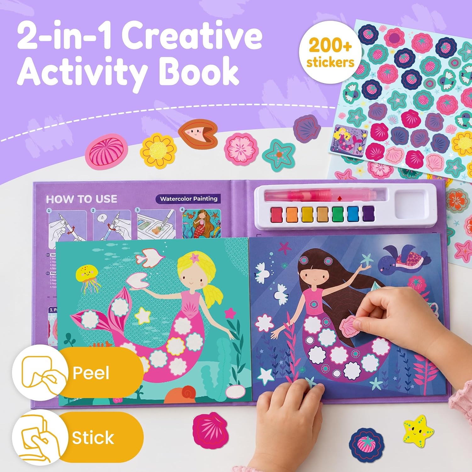 JoyCat Paint with Water Coloring Books & Creative Sticker(Ocean Princess) | Watercolor & Sticker Activity – 200 Pcs Stickers for Kids, Toddler Painting Set, Art & Craft Travel Toy Gifts for Boys Girls(Ocean Princess)