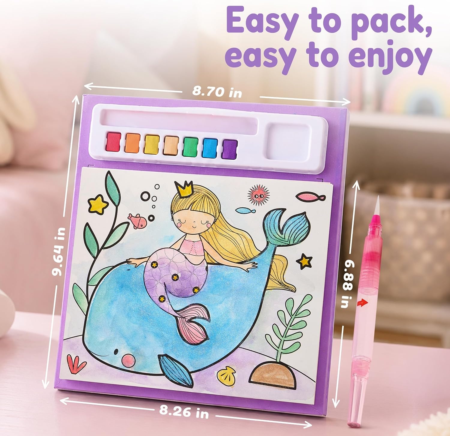 JoyCat Paint with Water Coloring Books & Creative Sticker(Ocean Princess) | Watercolor & Sticker Activity – 200 Pcs Stickers for Kids, Toddler Painting Set, Art & Craft Travel Toy Gifts for Boys Girls(Ocean Princess)