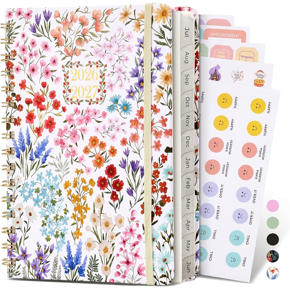 JoyCat 12-Month Academic Planner 2026-2027, July 2026 – June 2027, A5 Weekly & Monthly Planner, Hardcover Agenda with Tabs, 5 Sticker Sheets, Elastic Closure & Pocket for Teachers & Students, 6.3″ x 8.5″, Midnight Garden(Wildflowers)