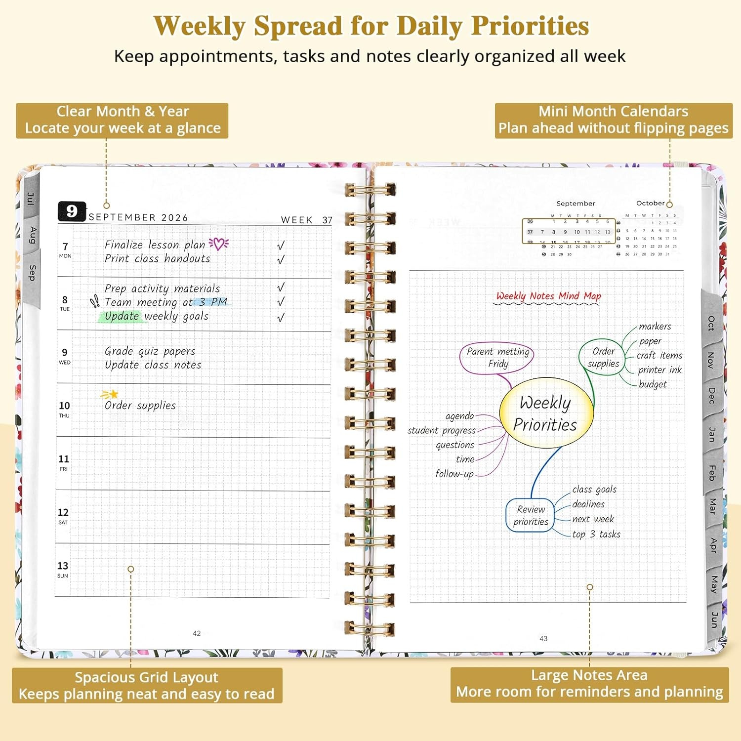 JoyCat 12-Month Academic Planner 2026-2027, July 2026 – June 2027, A5 Weekly & Monthly Planner, Hardcover Agenda with Tabs, 5 Sticker Sheets, Elastic Closure & Pocket for Teachers & Students, 6.3″ x 8.5″, Midnight Garden(Wildflowers)