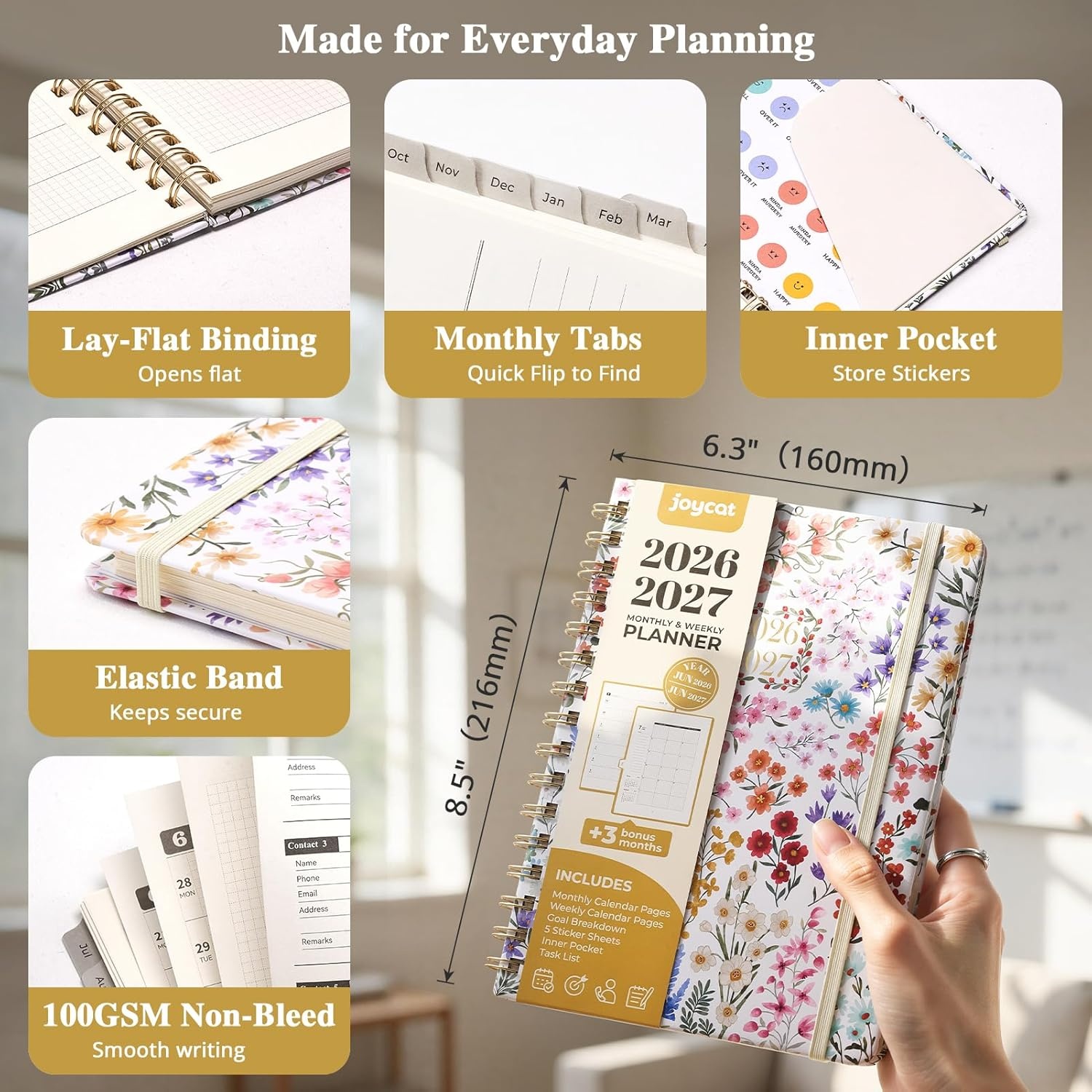JoyCat 12-Month Academic Planner 2026-2027, July 2026 – June 2027, A5 Weekly & Monthly Planner, Hardcover Agenda with Tabs, 5 Sticker Sheets, Elastic Closure & Pocket for Teachers & Students, 6.3″ x 8.5″, Midnight Garden(Wildflowers)