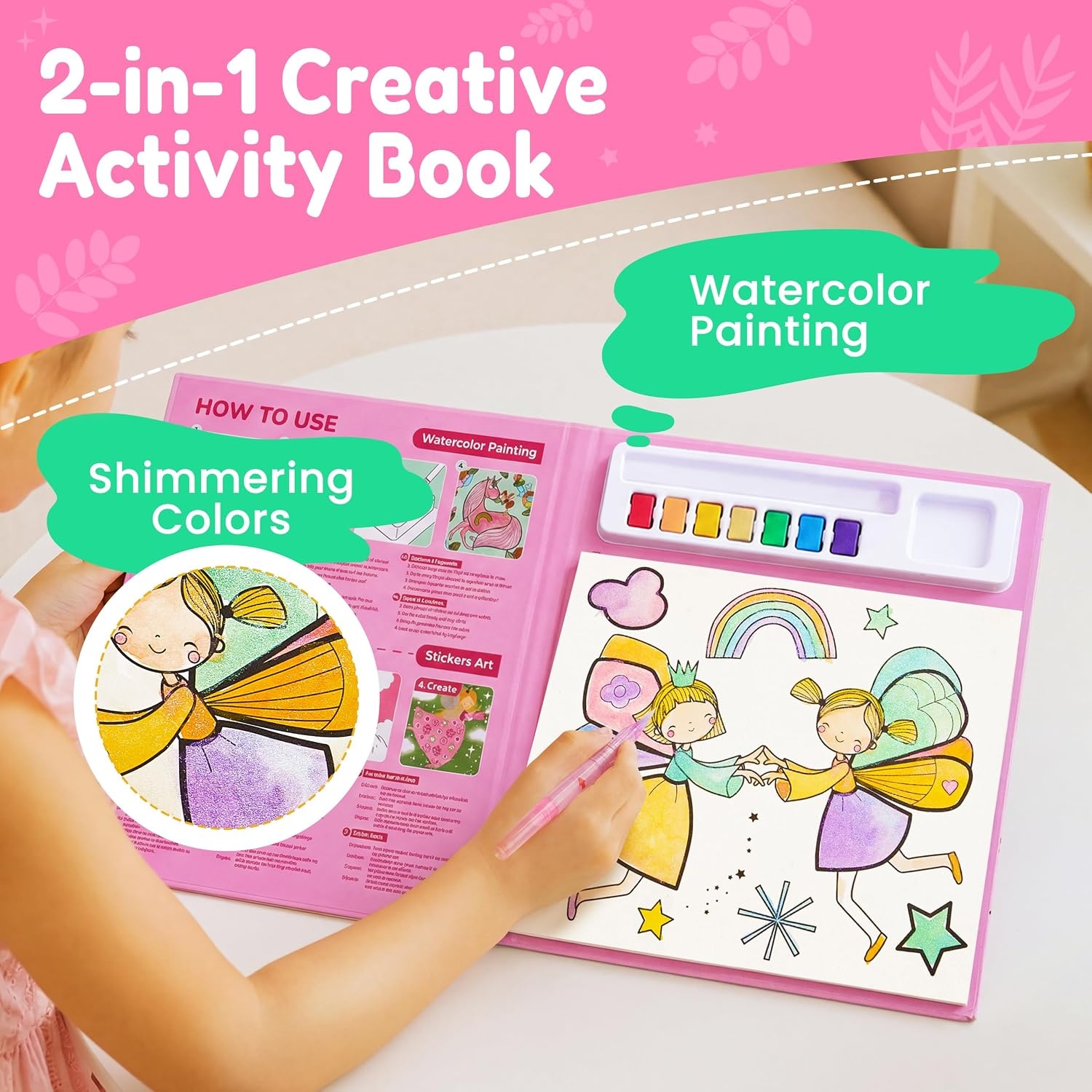 JoyCat Paint with Water Coloring Books & Creative Sticker(Ocean Princess) | Watercolor & Sticker Activity – 200 Pcs Stickers for Kids, Toddler Painting Set, Art & Craft Travel Toy Gifts for Boys Girls(Tiny Fairy)