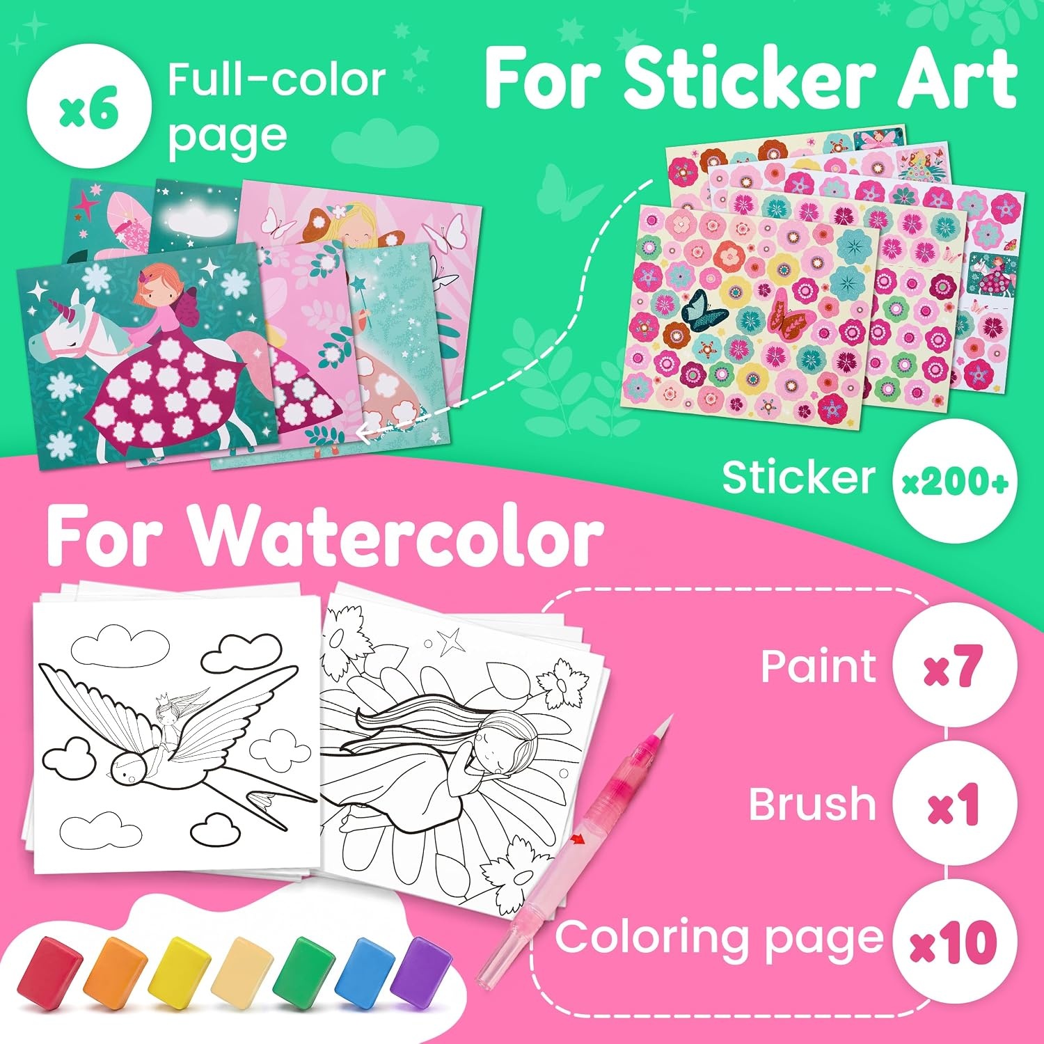 JoyCat Paint with Water Coloring Books & Creative Sticker(Ocean Princess) | Watercolor & Sticker Activity – 200 Pcs Stickers for Kids, Toddler Painting Set, Art & Craft Travel Toy Gifts for Boys Girls(Tiny Fairy)