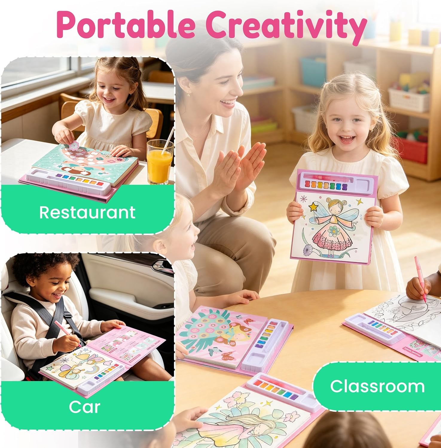 JoyCat Paint with Water Coloring Books & Creative Sticker(Ocean Princess) | Watercolor & Sticker Activity – 200 Pcs Stickers for Kids, Toddler Painting Set, Art & Craft Travel Toy Gifts for Boys Girls(Tiny Fairy)
