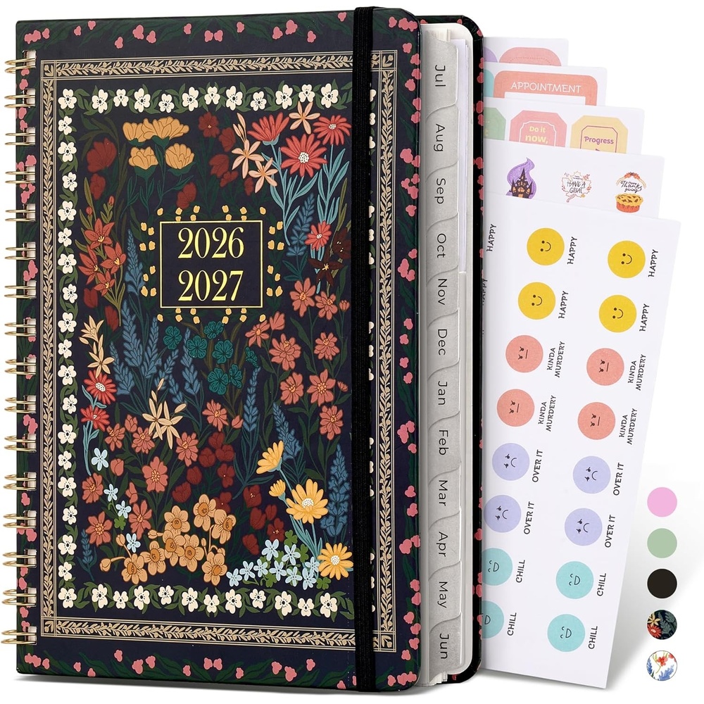 JoyCat 12-Month Academic Planner 2026-2027, July 2026 – June 2027, A5 Weekly & Monthly Planner, Hardcover Agenda with Tabs, 5 Sticker Sheets, Elastic Closure & Pocket for Teachers & Students, 6.3″ x 8.5″, Midnight Garden(Midnight Garden)