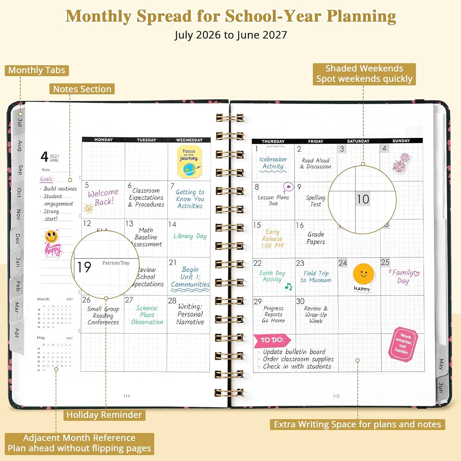 JoyCat 12-Month Academic Planner 2026-2027, July 2026 – June 2027, A5 Weekly & Monthly Planner, Hardcover Agenda with Tabs, 5 Sticker Sheets, Elastic Closure & Pocket for Teachers & Students, 6.3″ x 8.5″, Midnight Garden(Midnight Garden)