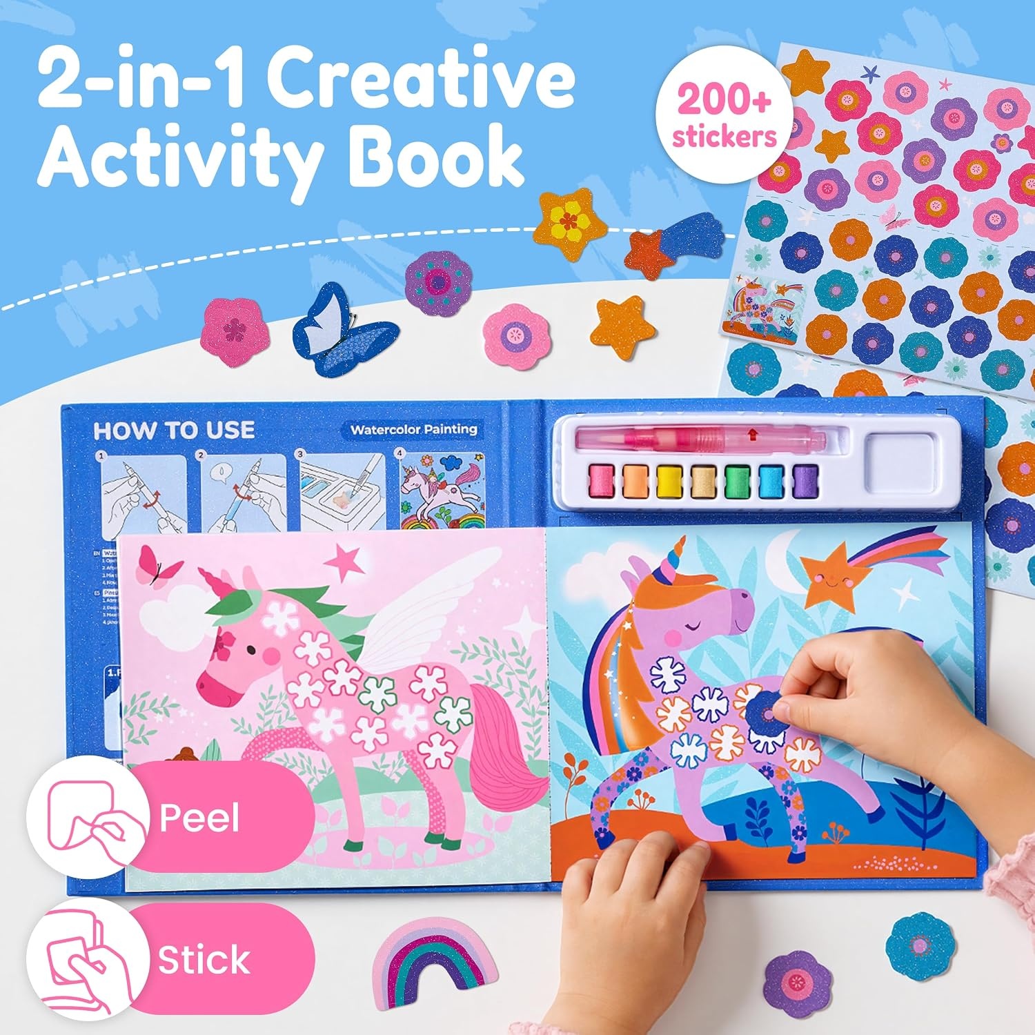 JoyCat Paint with Water Coloring Books & Creative Sticker (Animals) | Watercolor & Sticker Activity – 200 Pcs Stickers for Kids, Toddler Painting Set, Art & Craft Travel Toy Gifts for Boys Girls(Magical Pony)