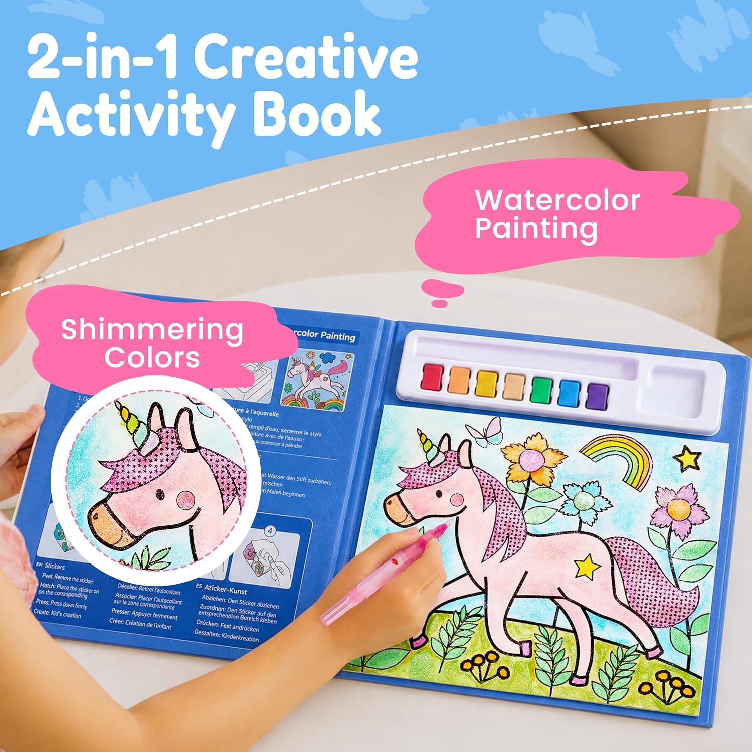 JoyCat Paint with Water Coloring Books & Creative Sticker(Ocean Princess) | Watercolor & Sticker Activity – 200 Pcs Stickers for Kids, Toddler Painting Set, Art & Craft Travel Toy Gifts for Boys Girls(Magical Pony)