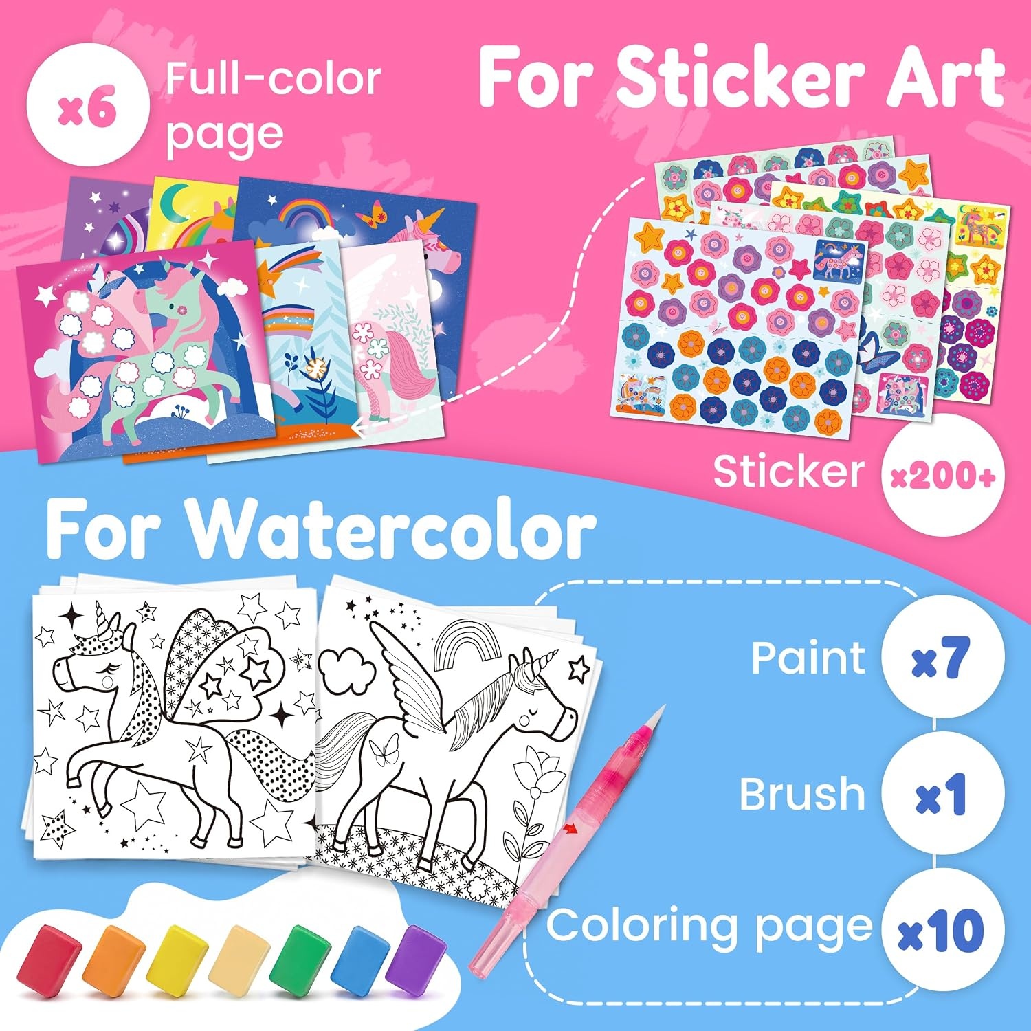 JoyCat Paint with Water Coloring Books & Creative Sticker(Ocean Princess) | Watercolor & Sticker Activity – 200 Pcs Stickers for Kids, Toddler Painting Set, Art & Craft Travel Toy Gifts for Boys Girls(Magical Pony)