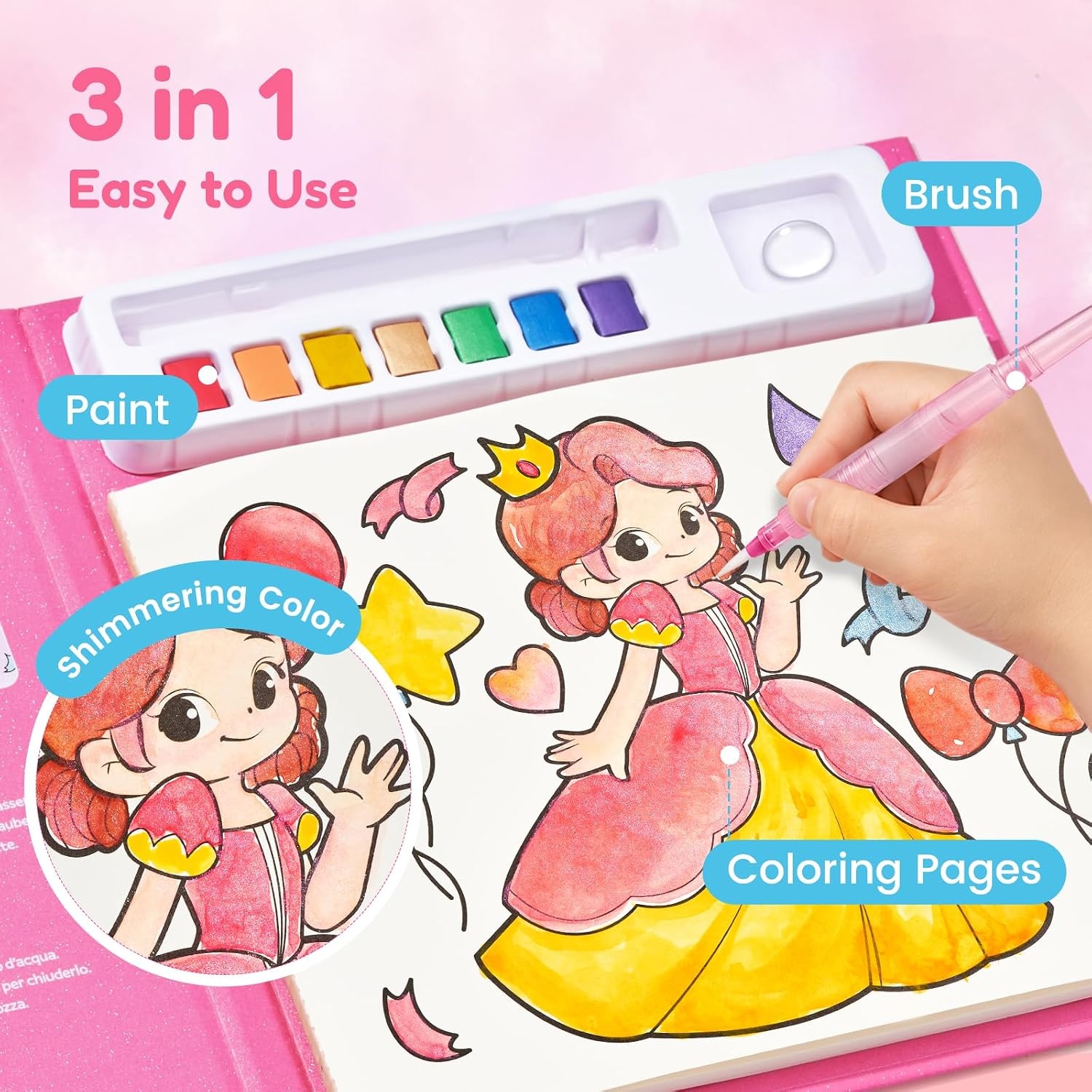 JoyCat Paint with Water Coloring Books for Toddlers (Princess)(Flamingo pink)