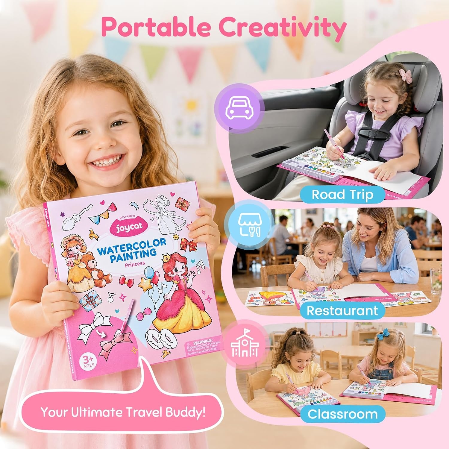 JoyCat Paint with Water Coloring Books for Toddlers (Princess)(Flamingo pink)