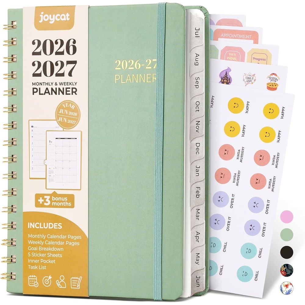 JoyCat 12-Month Academic Planner 2026-2027, July 2026 – June 2027, A5 Weekly & Monthly Planner, Hardcover Agenda with Tabs, 5 Sticker Sheets, Elastic Closure & Pocket for Teachers & Students, 6.3″ x 8.5″, Midnight Garden(Green)