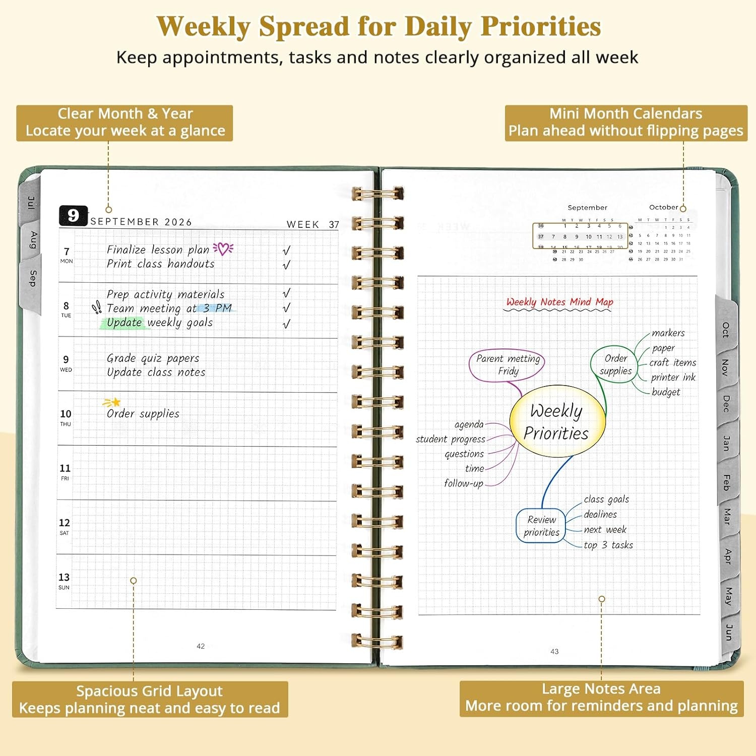 JoyCat 12-Month Academic Planner 2026-2027, July 2026 – June 2027, A5 Weekly & Monthly Planner, Hardcover Agenda with Tabs, 5 Sticker Sheets, Elastic Closure & Pocket for Teachers & Students, 6.3″ x 8.5″, Midnight Garden(Green)
