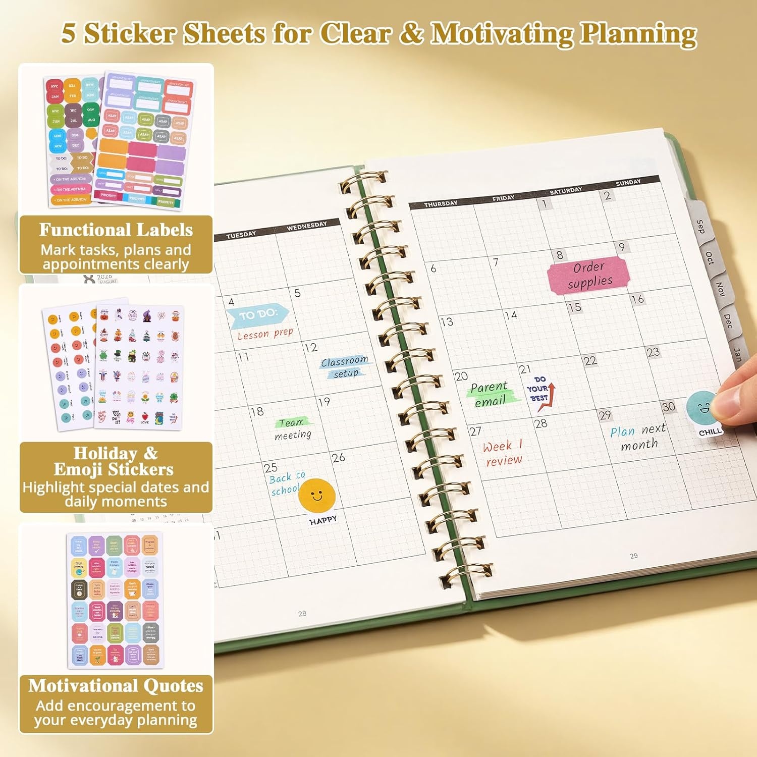 JoyCat 12-Month Academic Planner 2026-2027, July 2026 – June 2027, A5 Weekly & Monthly Planner, Hardcover Agenda with Tabs, 5 Sticker Sheets, Elastic Closure & Pocket for Teachers & Students, 6.3″ x 8.5″, Midnight Garden(Green)