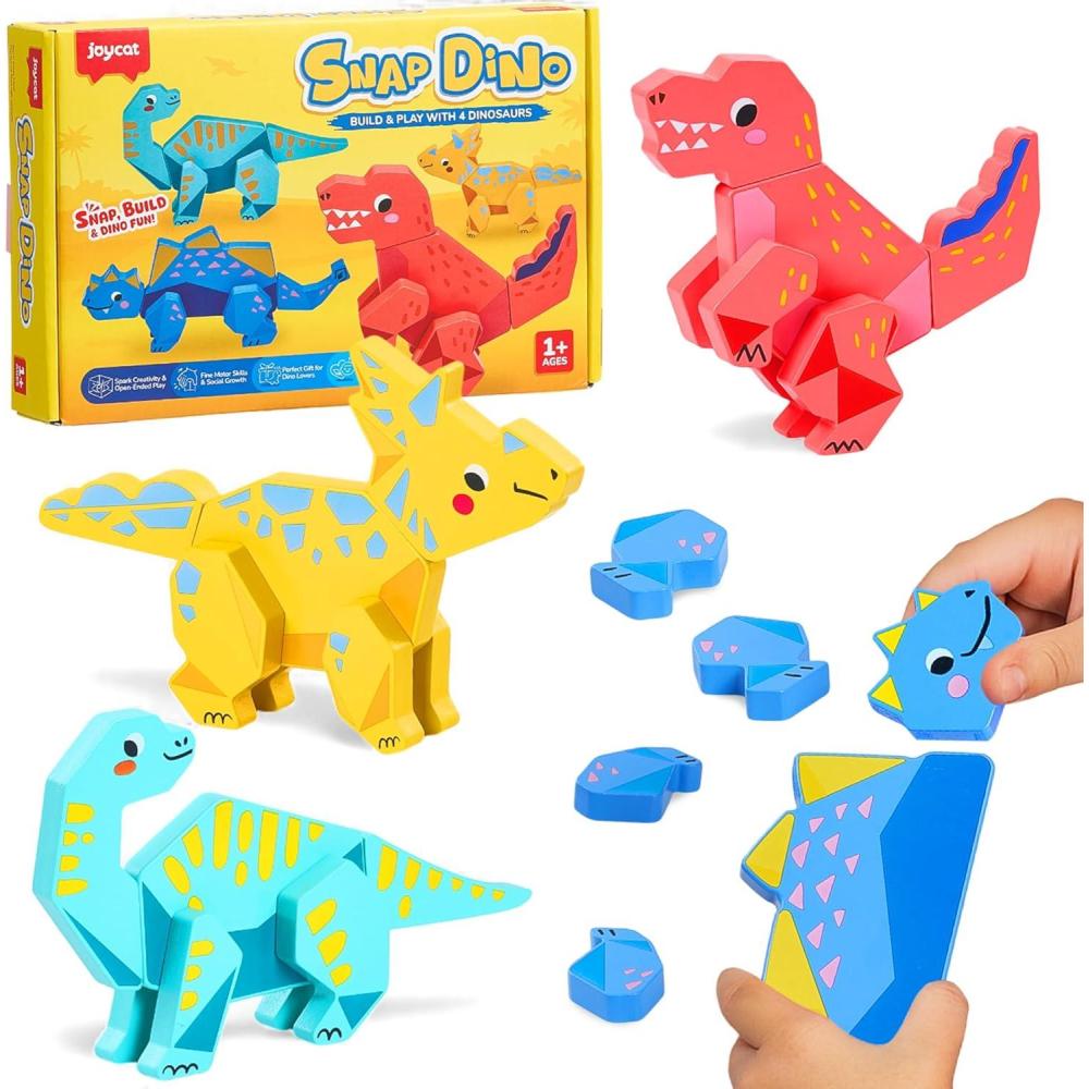 JoyCat Magnetic Wooden Dinosaur Building Toys for Toddlers 1-3, Build and Take Apart Dino Playset, Montessori STEM Fine Motor Toy, Gifts for Boys Girls