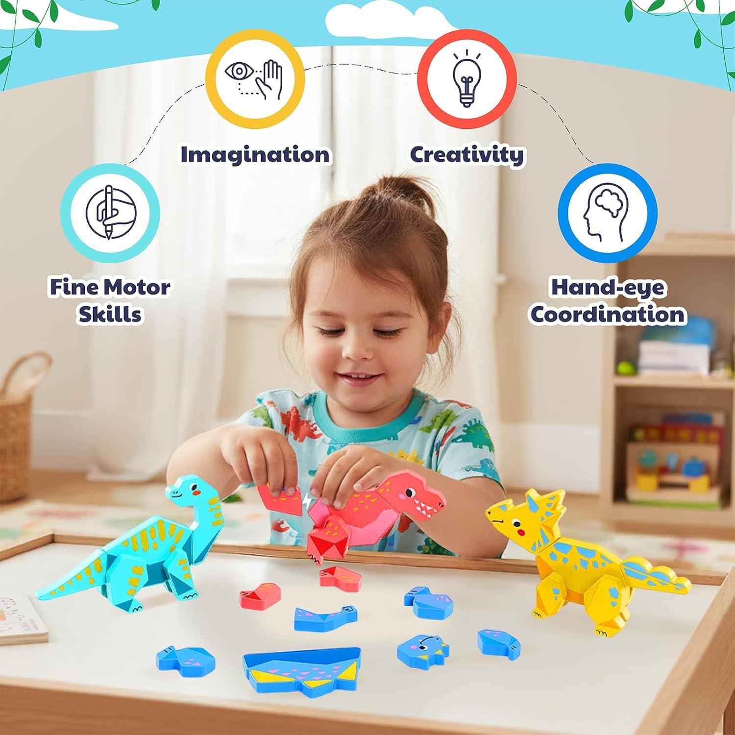 JoyCat Magnetic Wooden Dinosaur Building Toys for Toddlers 1-3, Build and Take Apart Dino Playset, Montessori STEM Fine Motor Toy, Gifts for Boys Girls