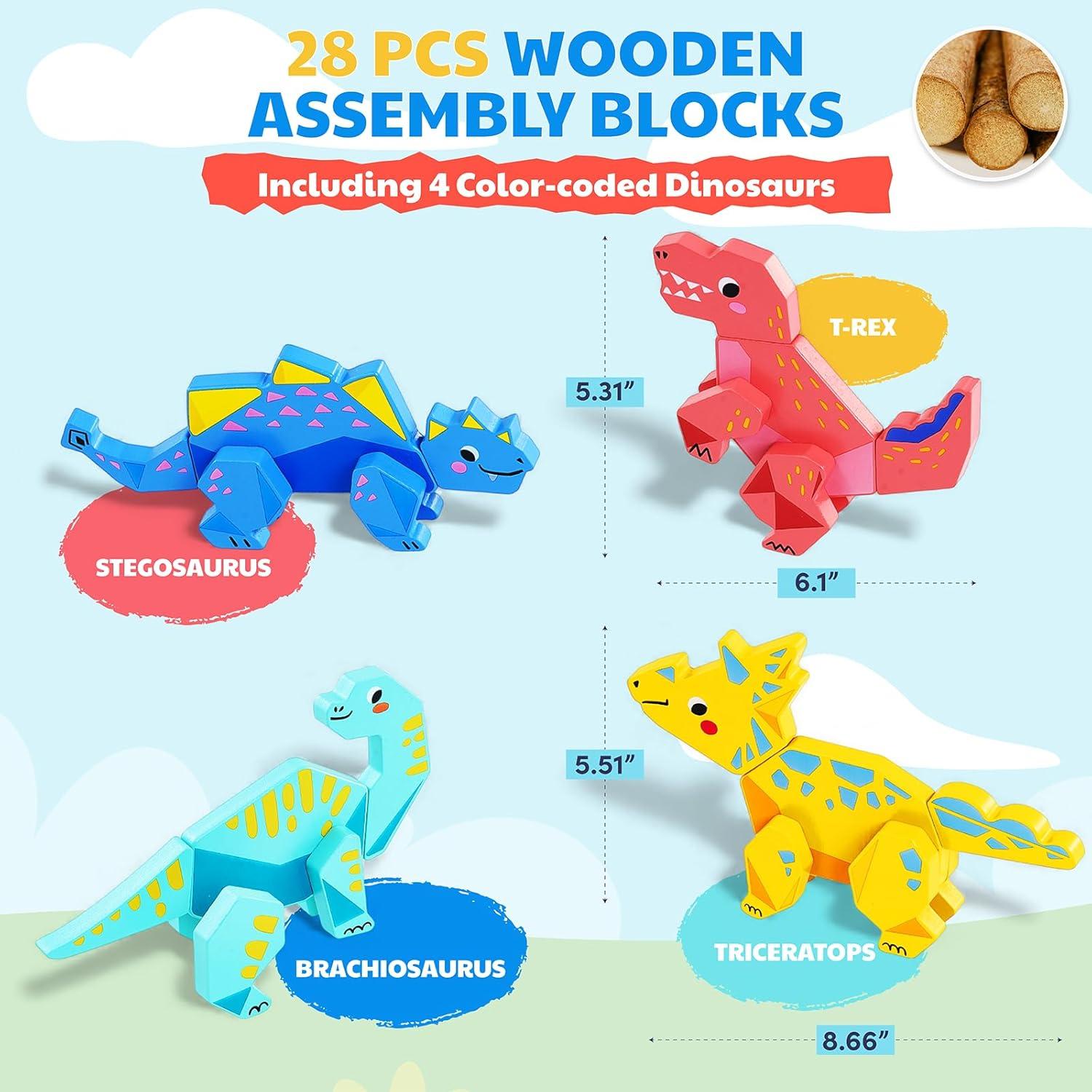 JoyCat Magnetic Wooden Dinosaur Building Toys for Toddlers 1-3, Build and Take Apart Dino Playset, Montessori STEM Fine Motor Toy, Gifts for Boys Girls