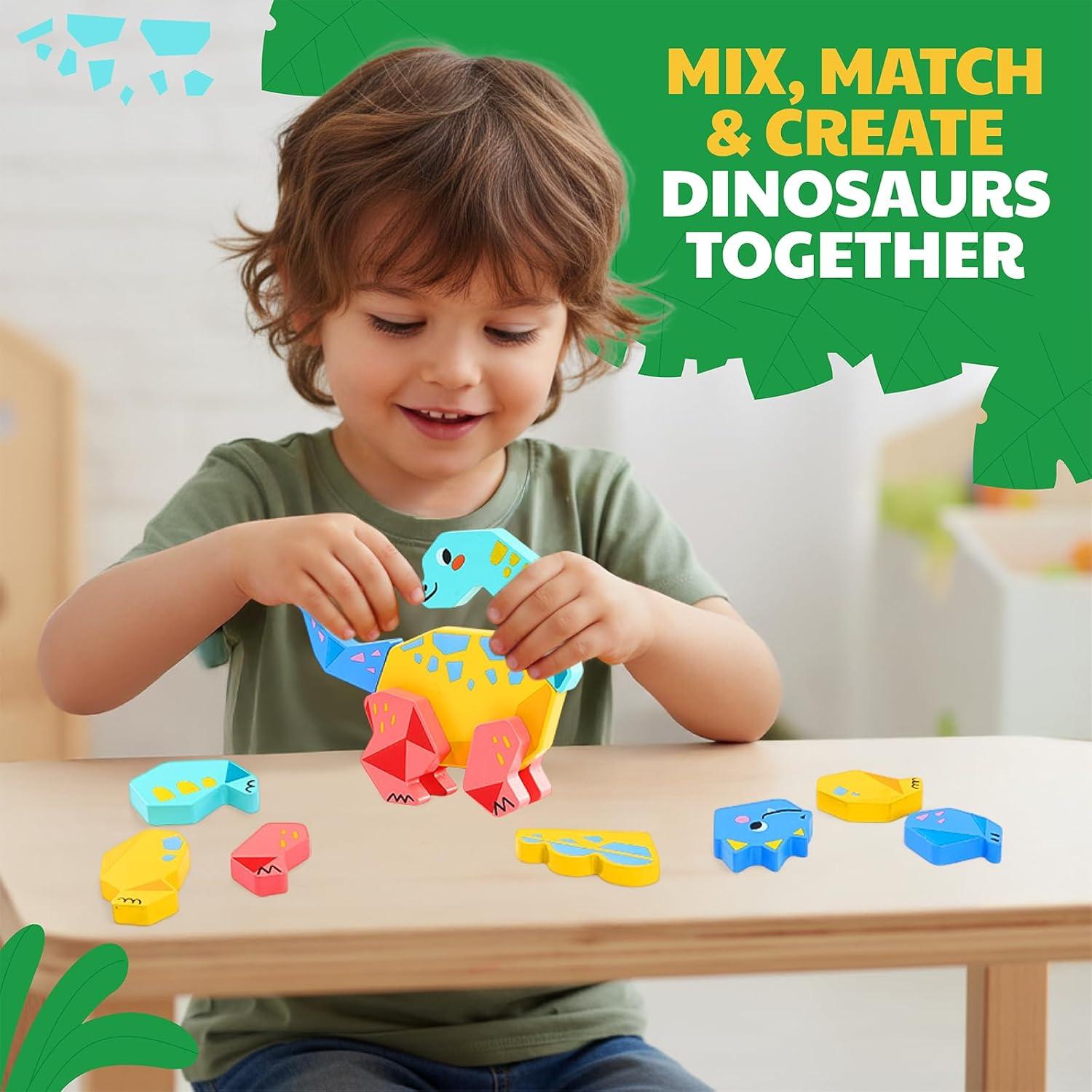 JoyCat Magnetic Wooden Dinosaur Building Toys for Toddlers 1-3, Build and Take Apart Dino Playset, Montessori STEM Fine Motor Toy, Gifts for Boys Girls