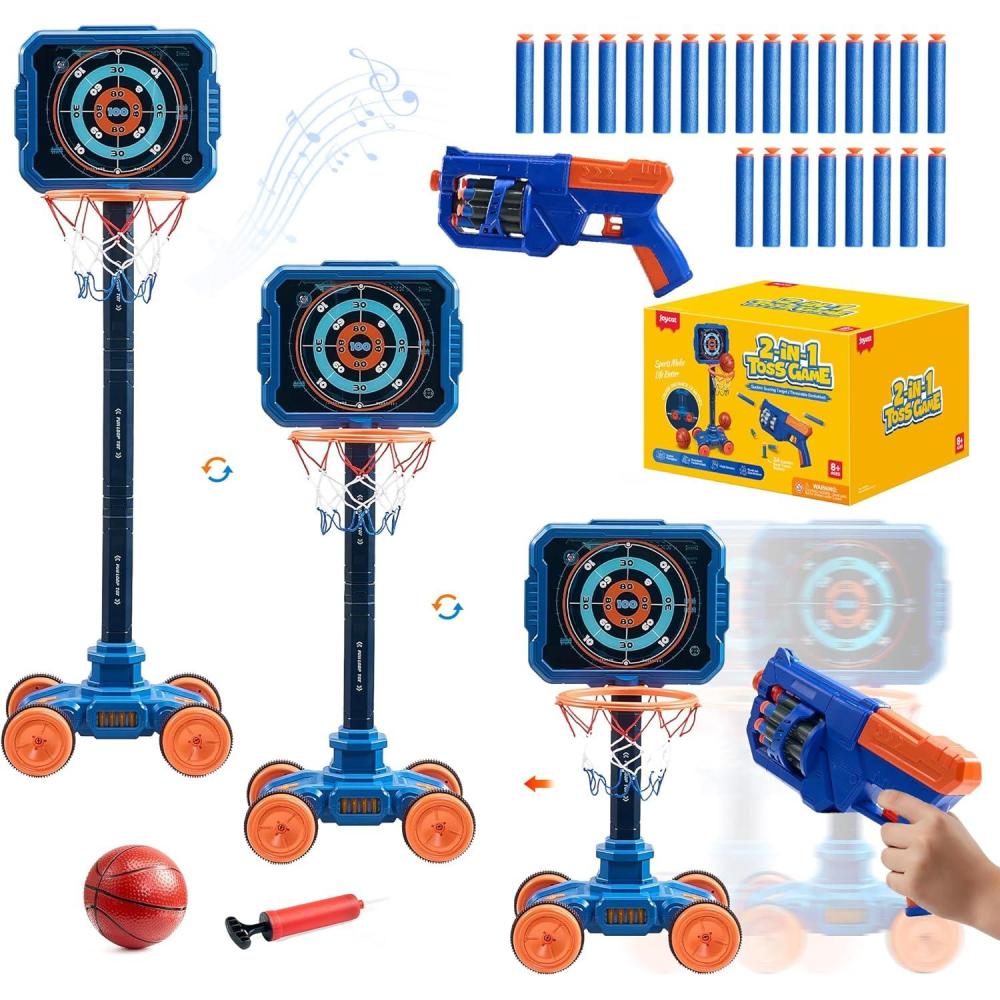 JoyCat 2-in-1 Shooting&Basketball Toy for Kids,Adjustable Height Auto-Moving Shooting Target with Music,Outdoor Indoor Game Compatible with Nerf Toy Guns for Kids,Birthday Chrisrmas Gift for Boys(1 Toy Gun with Target &Basketball Hoop Set)