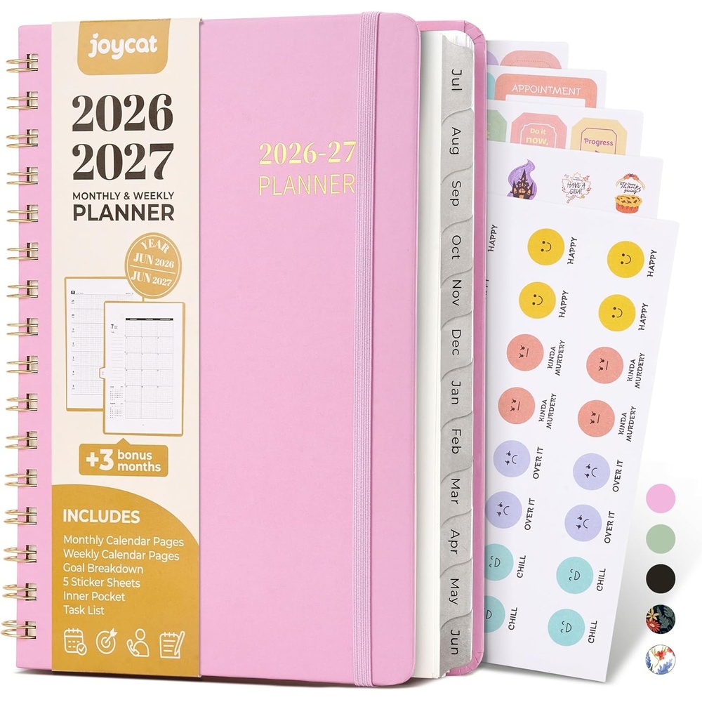 JoyCat 12-Month Academic Planner 2026-2027, July 2026 – June 2027, A5 Weekly & Monthly Planner, Hardcover Agenda with Tabs, 5 Sticker Sheets, Elastic Closure & Pocket for Teachers & Students, 6.3″ x 8.5″, Midnight Garden(Pink)